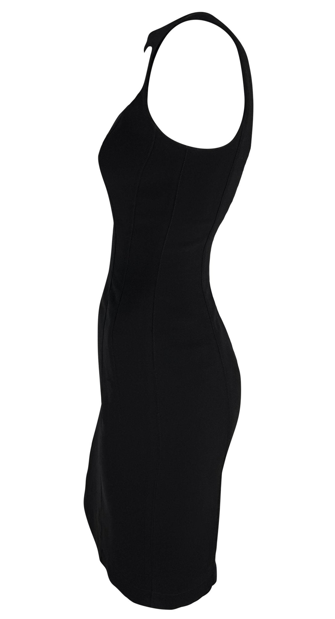 S/S 1999 Thierry Mugler Runway Asymmetric Brooch Detail Black Pencil Dress - RealList