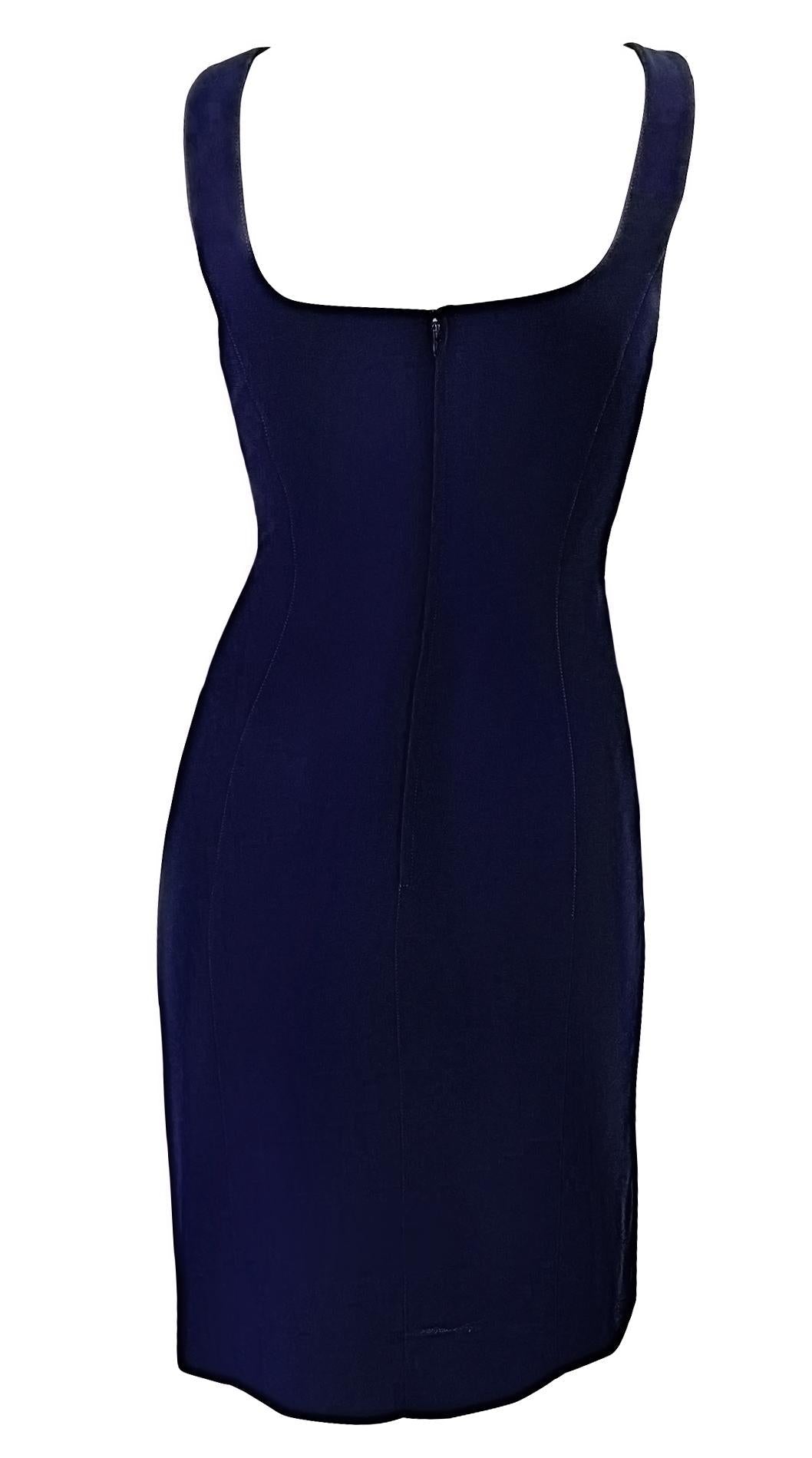 S/S 1999 Thierry Mugler Runway Navy Abstract Brooch Midi Pencil Dress - RealList