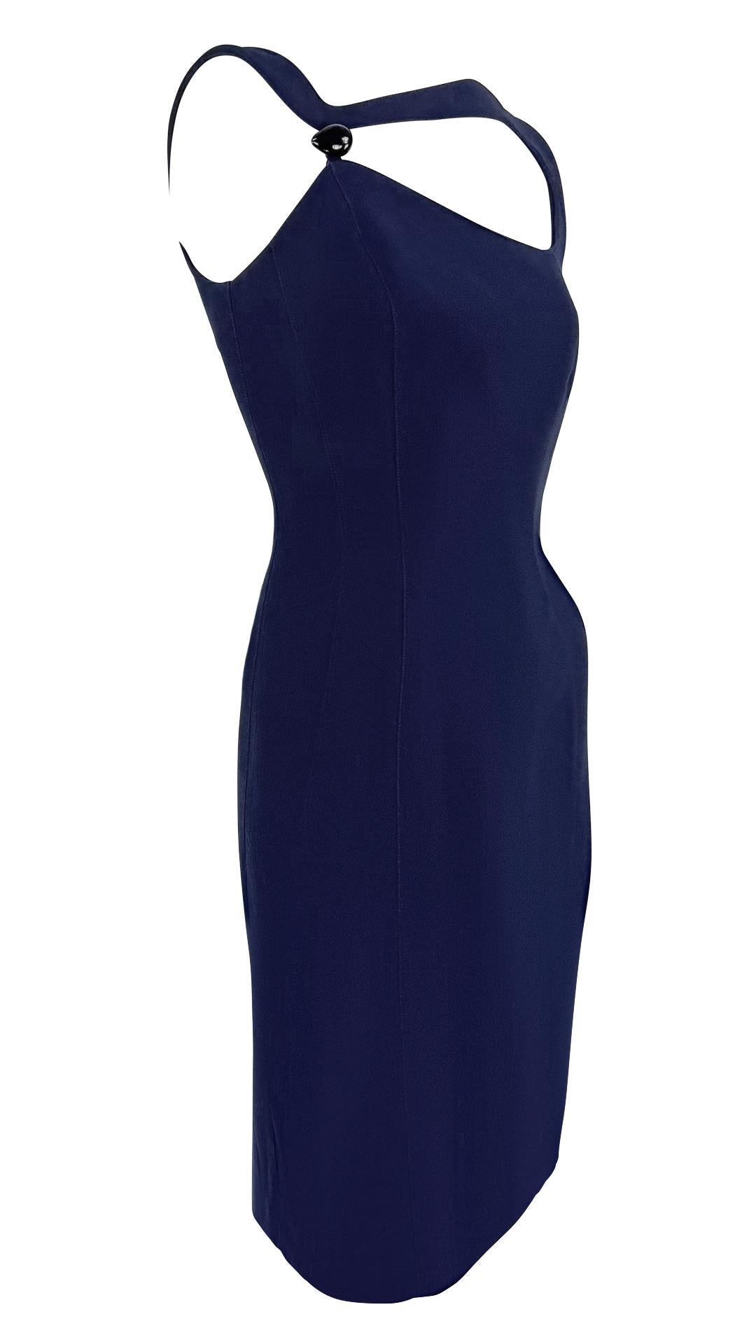 S/S 1999 Thierry Mugler Runway Navy Abstract Brooch Midi Pencil Dress - RealList