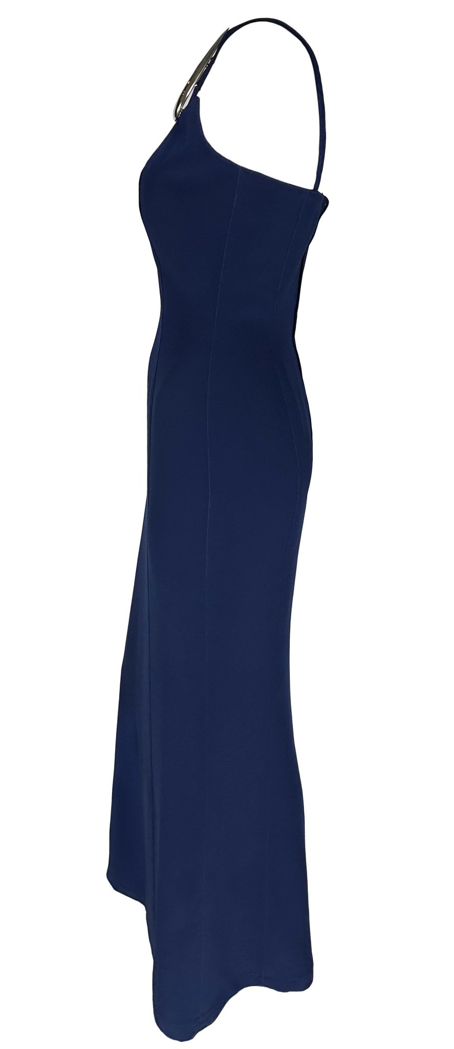 S/S 1999 Thierry Mugler Runway Sculptural Abstract Brooch Strap Navy Gown - RealList