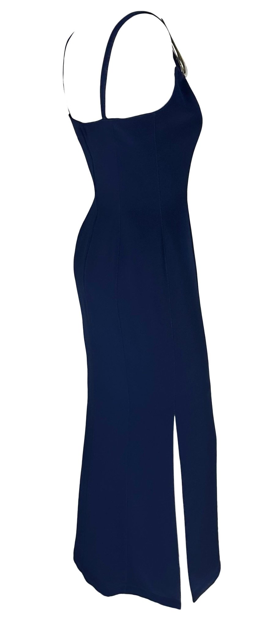 S/S 1999 Thierry Mugler Runway Sculptural Abstract Brooch Strap Navy Gown - RealList