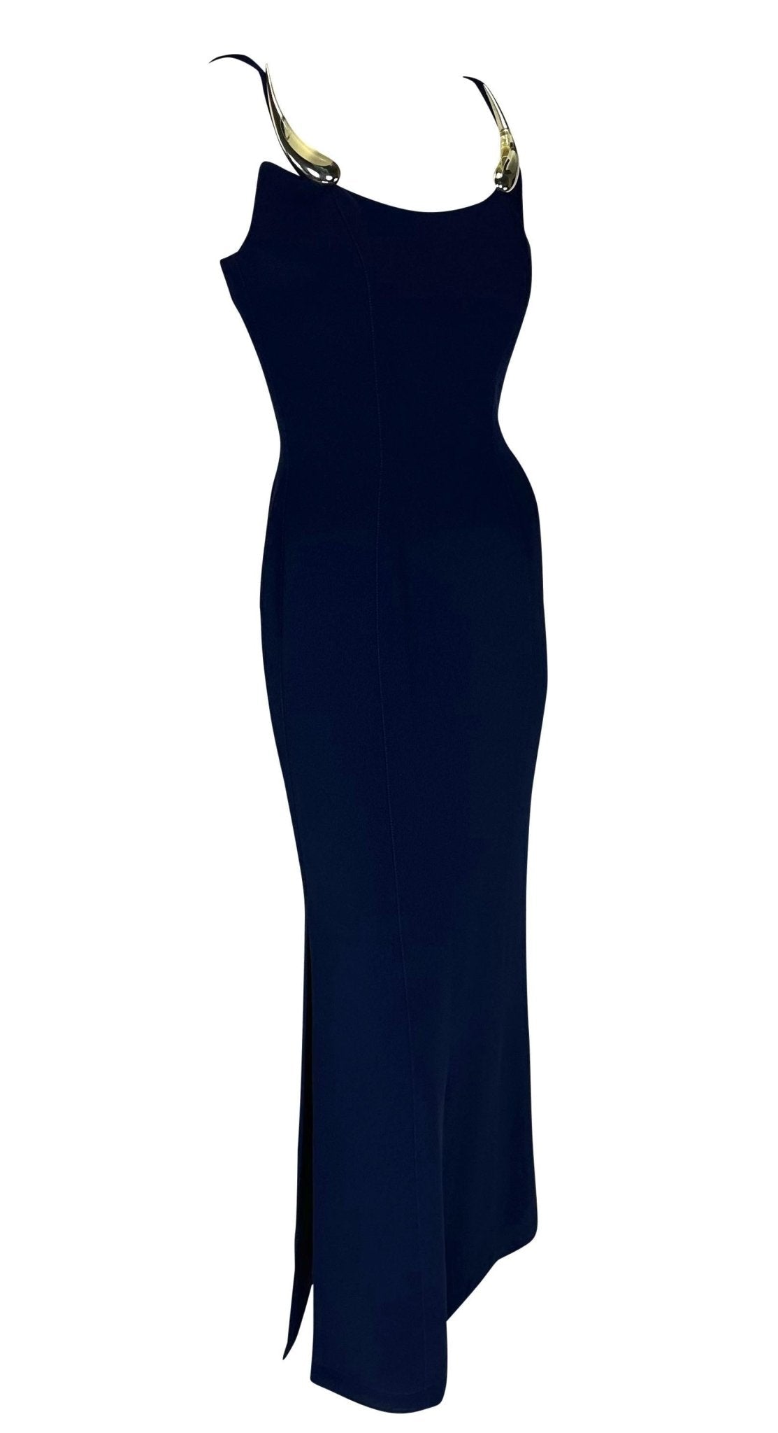 S/S 1999 Thierry Mugler Runway Sculptural Abstract Brooch Strap Navy Gown - RealList