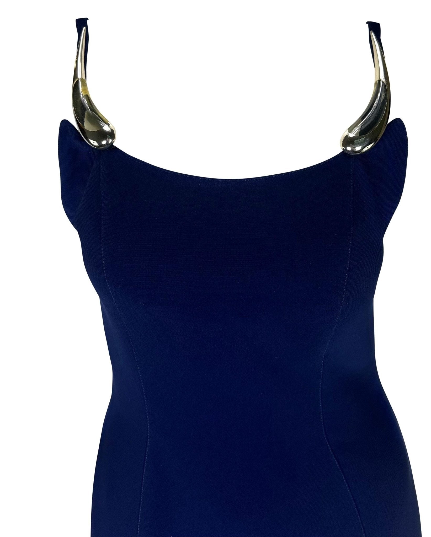 S/S 1999 Thierry Mugler Runway Sculptural Abstract Brooch Strap Navy Gown - RealList