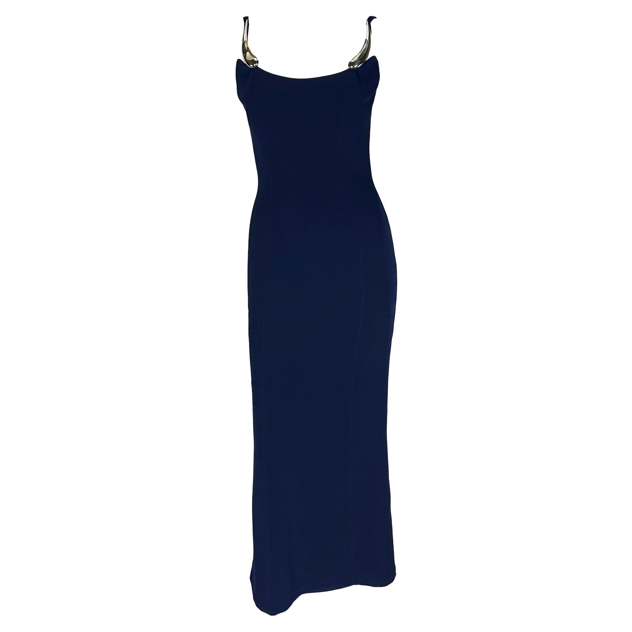 S/S 1999 Thierry Mugler Runway Sculptural Abstract Brooch Strap Navy Gown - RealList