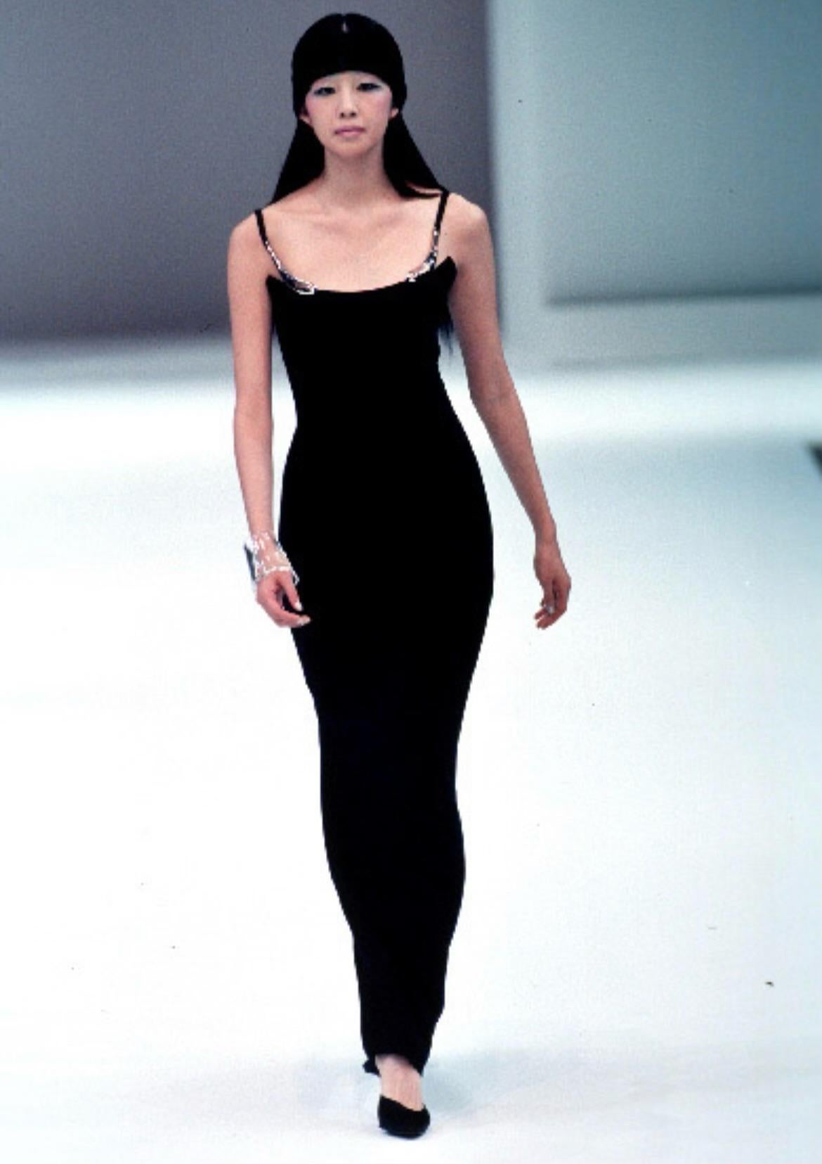 S/S 1999 Thierry Mugler Runway Sculptural Abstract Brooch Strap Navy Gown - RealList