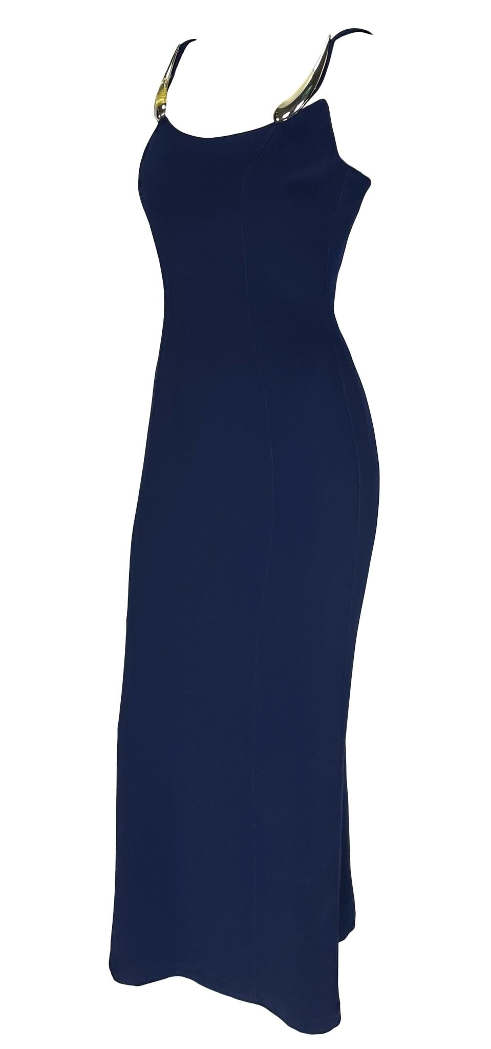 S/S 1999 Thierry Mugler Runway Sculptural Abstract Brooch Strap Navy Gown - RealList