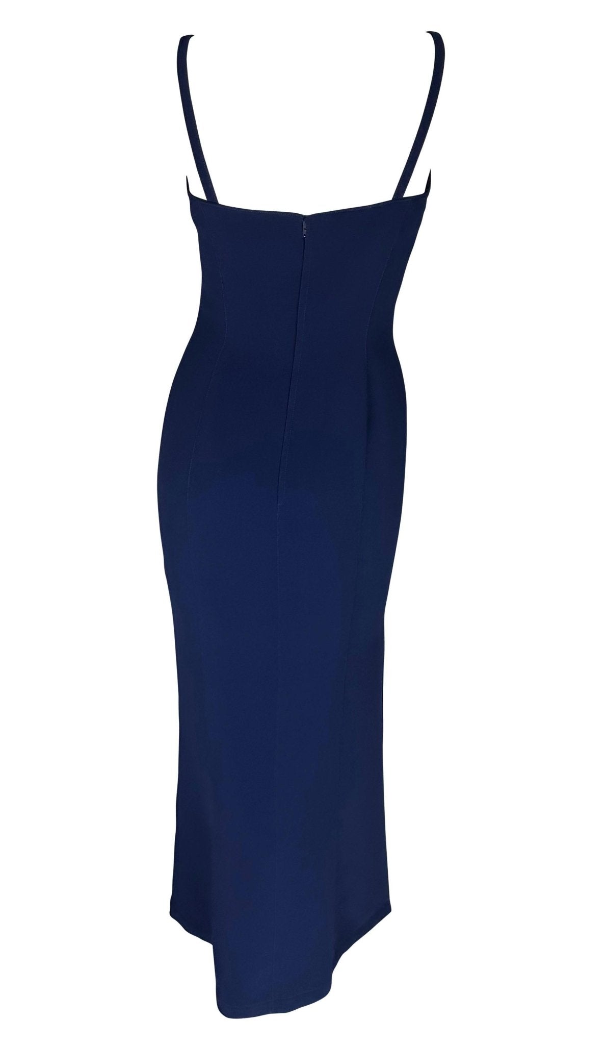 S/S 1999 Thierry Mugler Runway Sculptural Abstract Brooch Strap Navy Gown - RealList