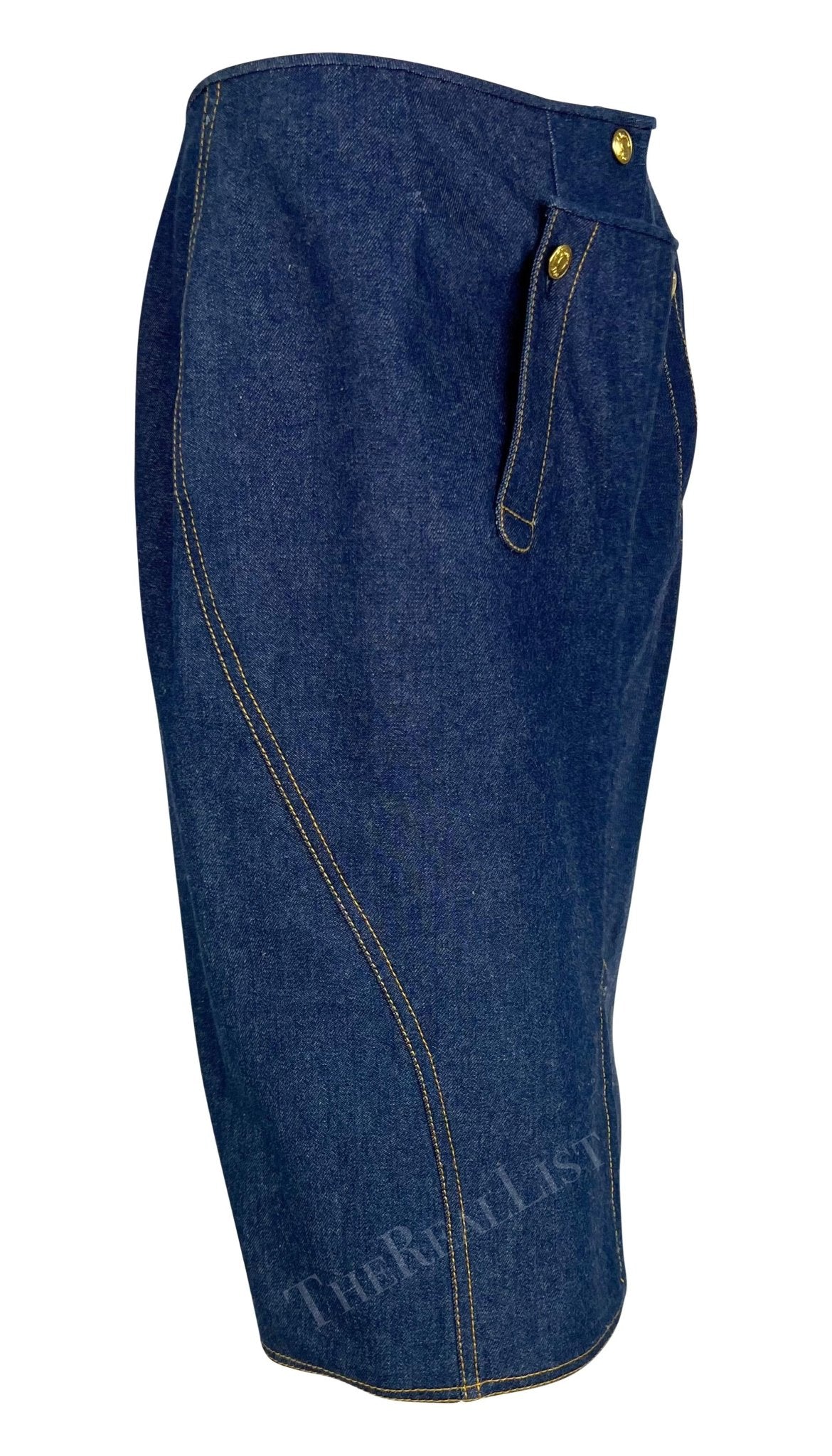 S/S 2000 Christian Dior by John Galliano Blue Denim Gold Button Pencil Skirt - RealList