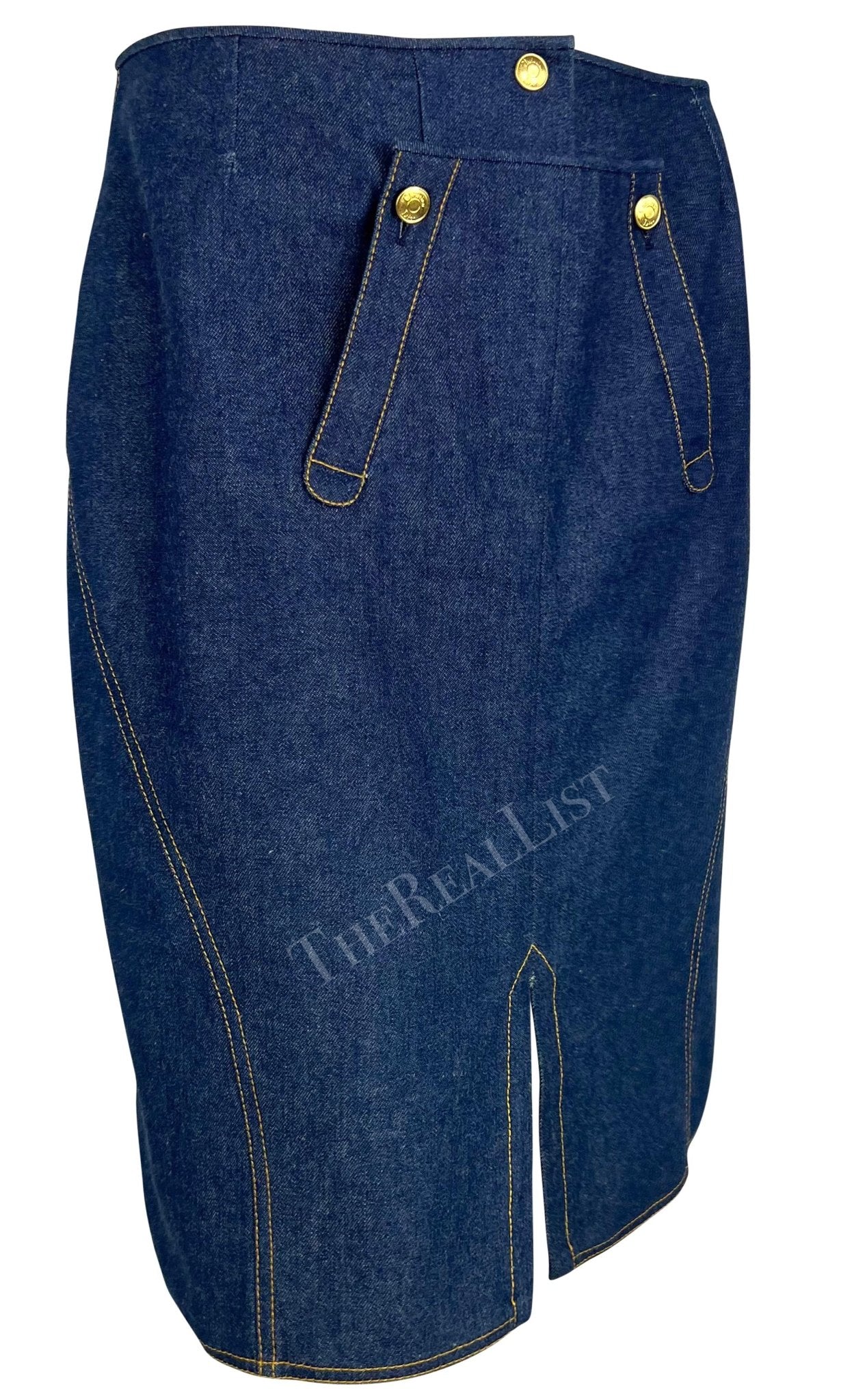 S/S 2000 Christian Dior by John Galliano Blue Denim Gold Button Pencil Skirt - RealList