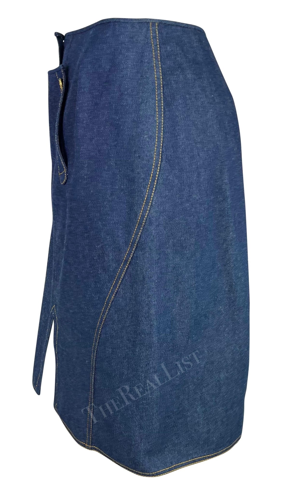 S/S 2000 Christian Dior by John Galliano Blue Denim Gold Button Pencil Skirt - RealList