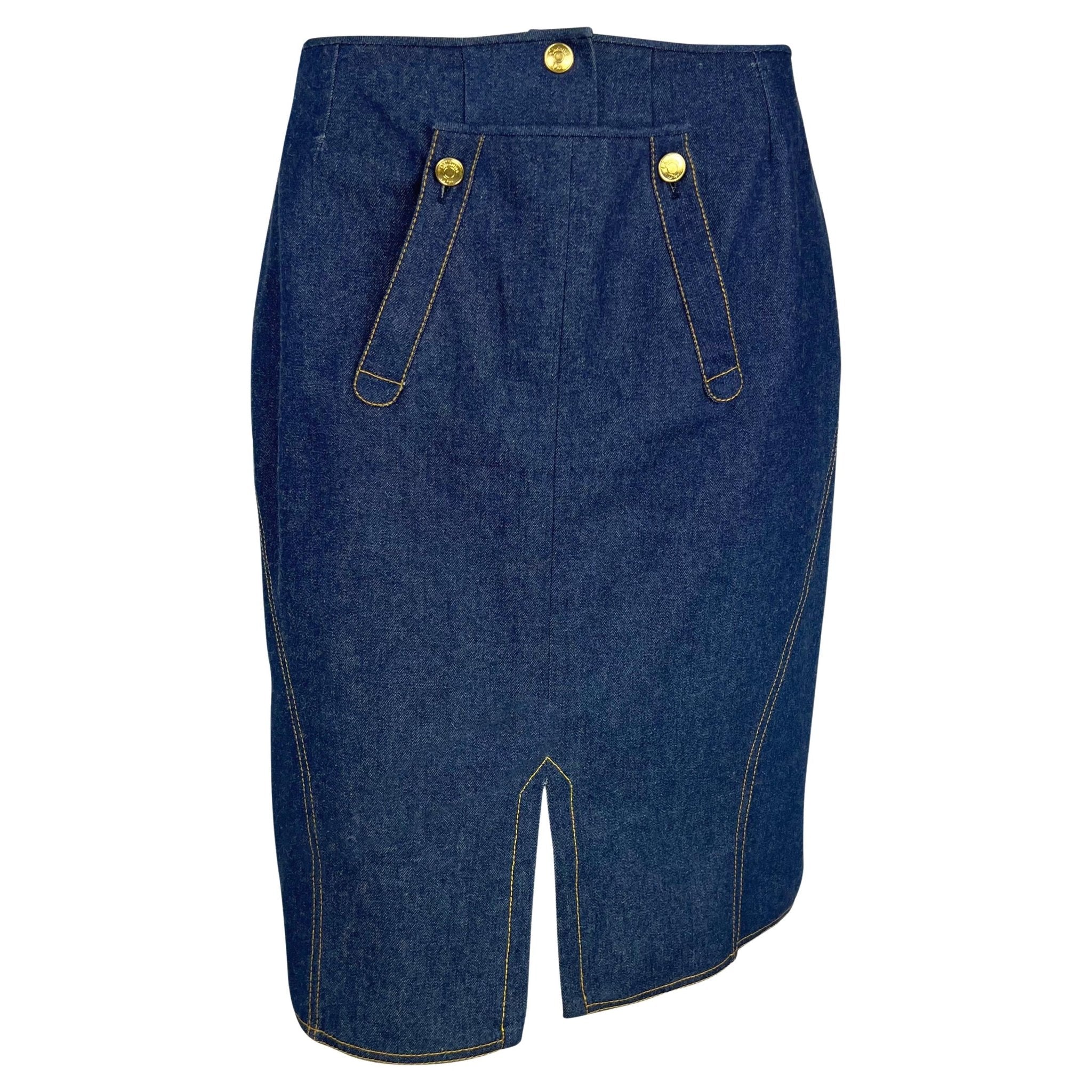 S/S 2000 Christian Dior by John Galliano Blue Denim Gold Button Pencil Skirt - RealList