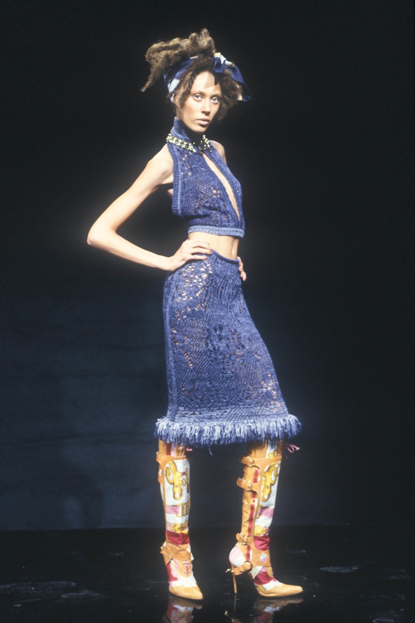 S/S 2000 Christian Dior by John Galliano Blue Sheer Knit Crop Top - RealList