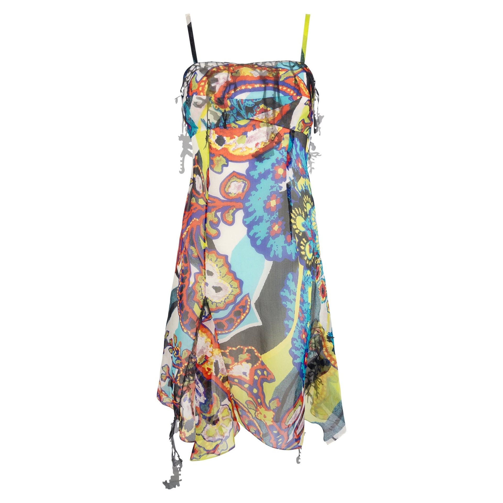 S/S 2000 Christian Lacroix Prototype Abstract Print Chiffon Cutout Trim Mini Dress - RealList