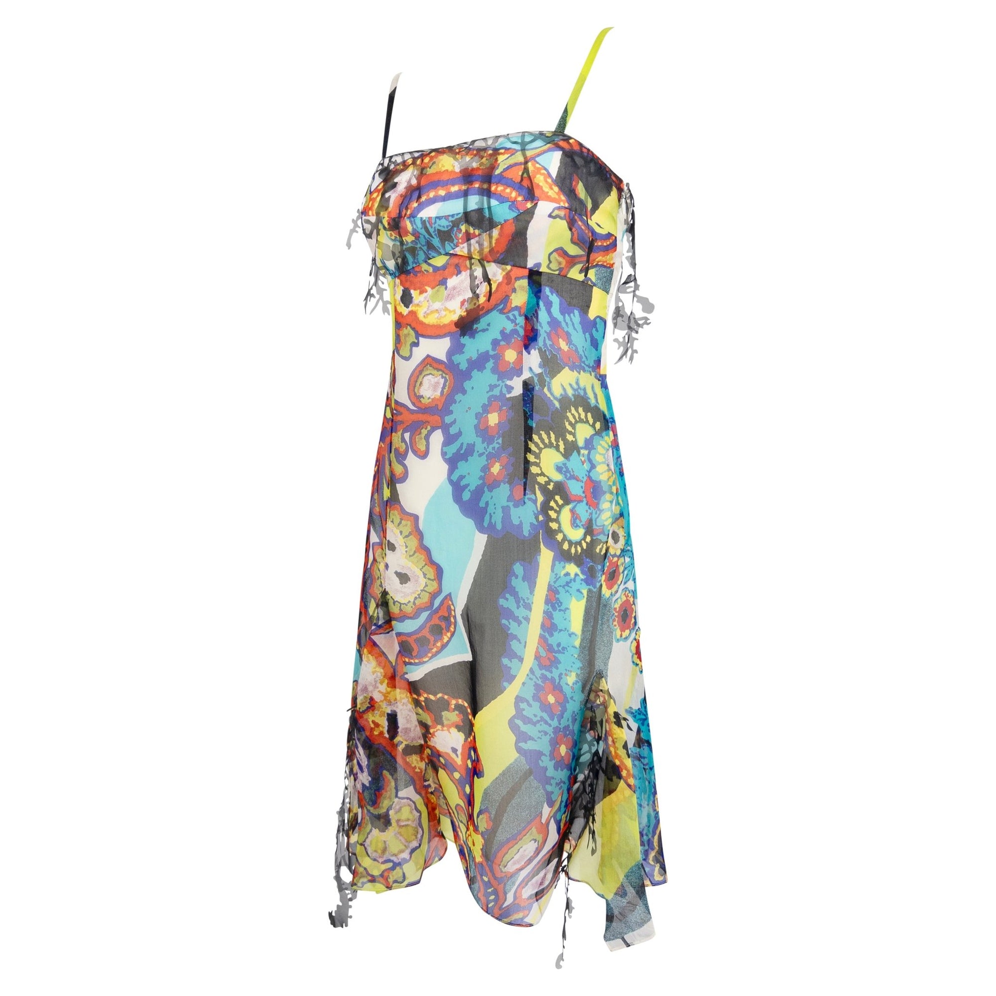 S/S 2000 Christian Lacroix Prototype Abstract Print Chiffon Cutout Trim Mini Dress - RealList