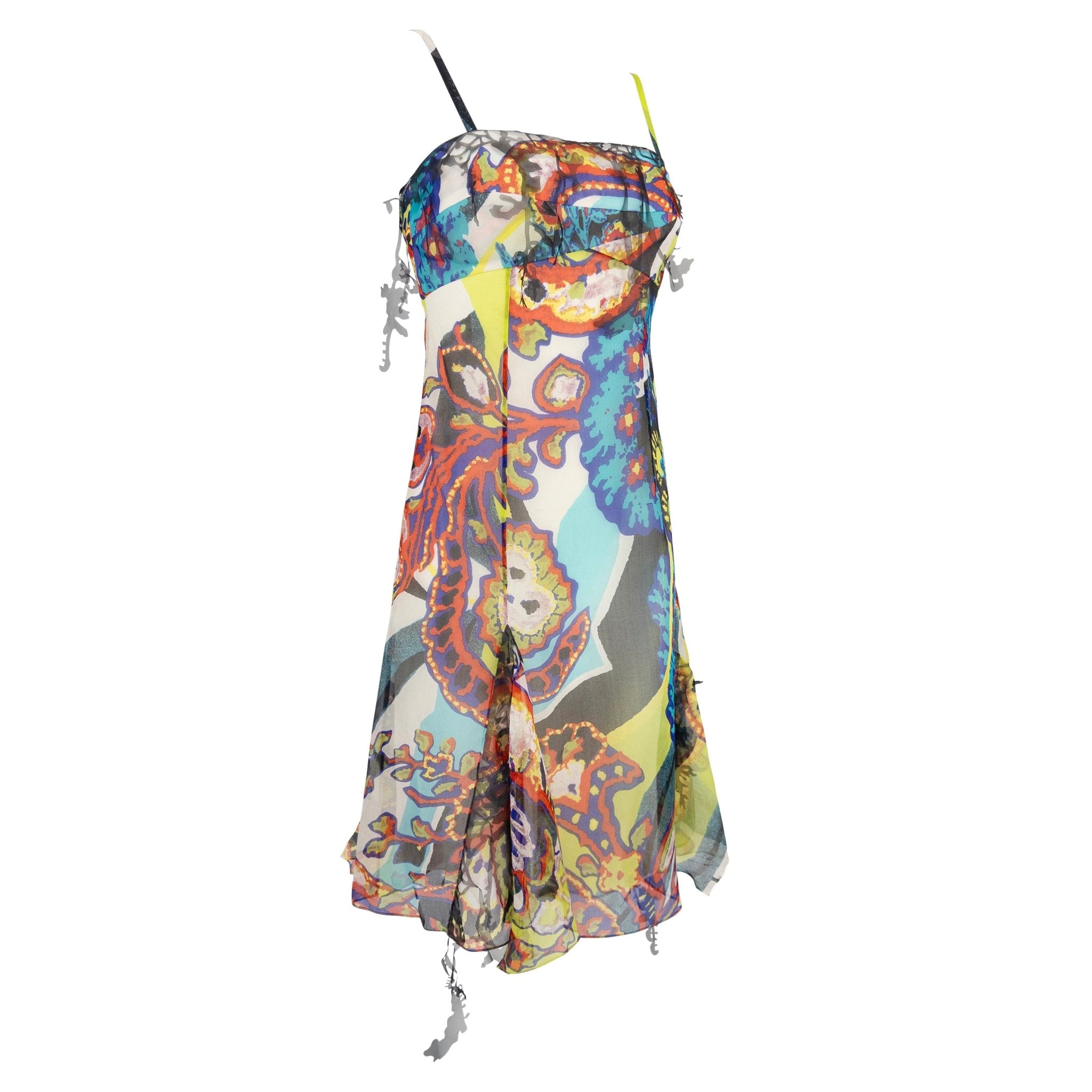 S/S 2000 Christian Lacroix Prototype Abstract Print Chiffon Cutout Trim Mini Dress - RealList