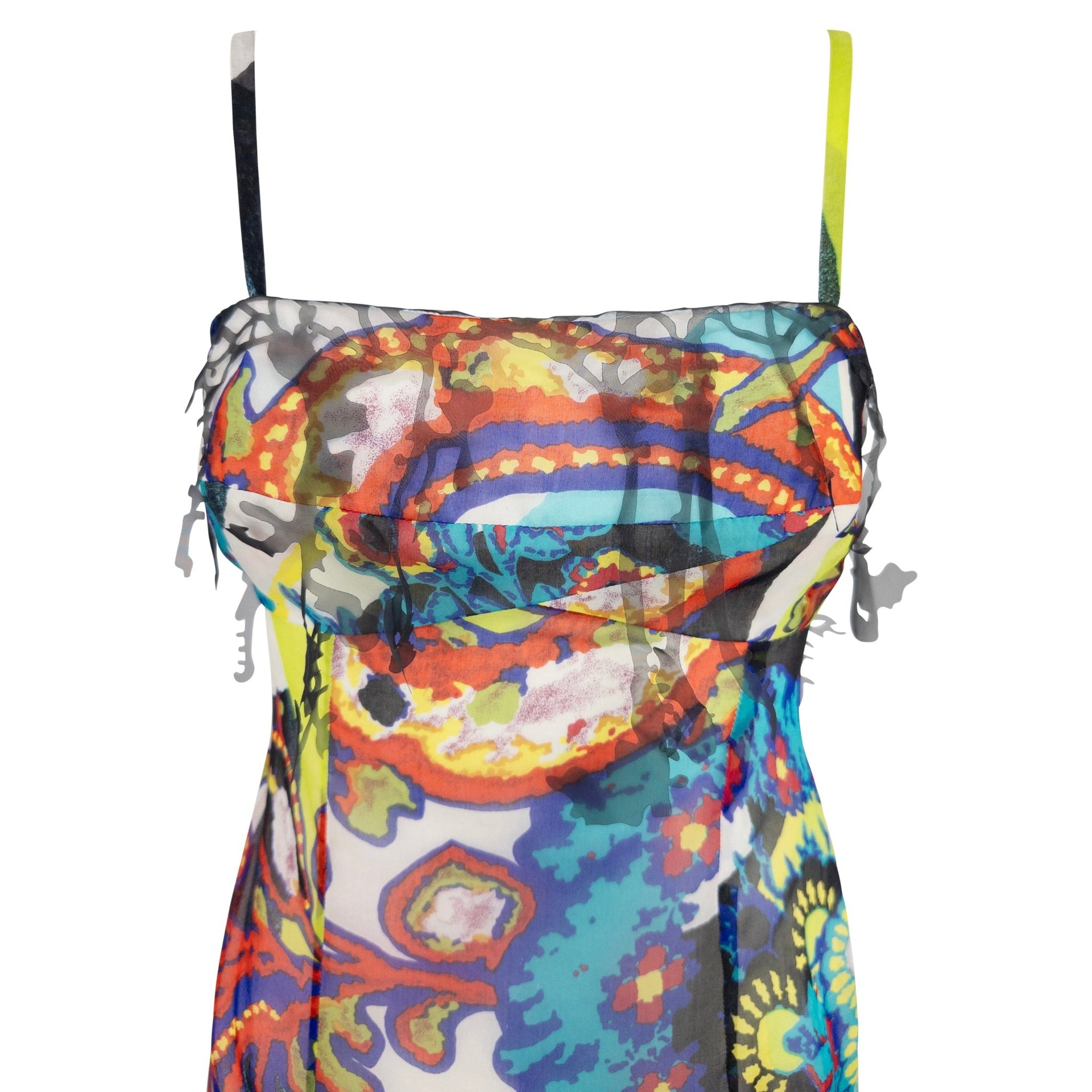 S/S 2000 Christian Lacroix Prototype Abstract Print Chiffon Cutout Trim Mini Dress - RealList