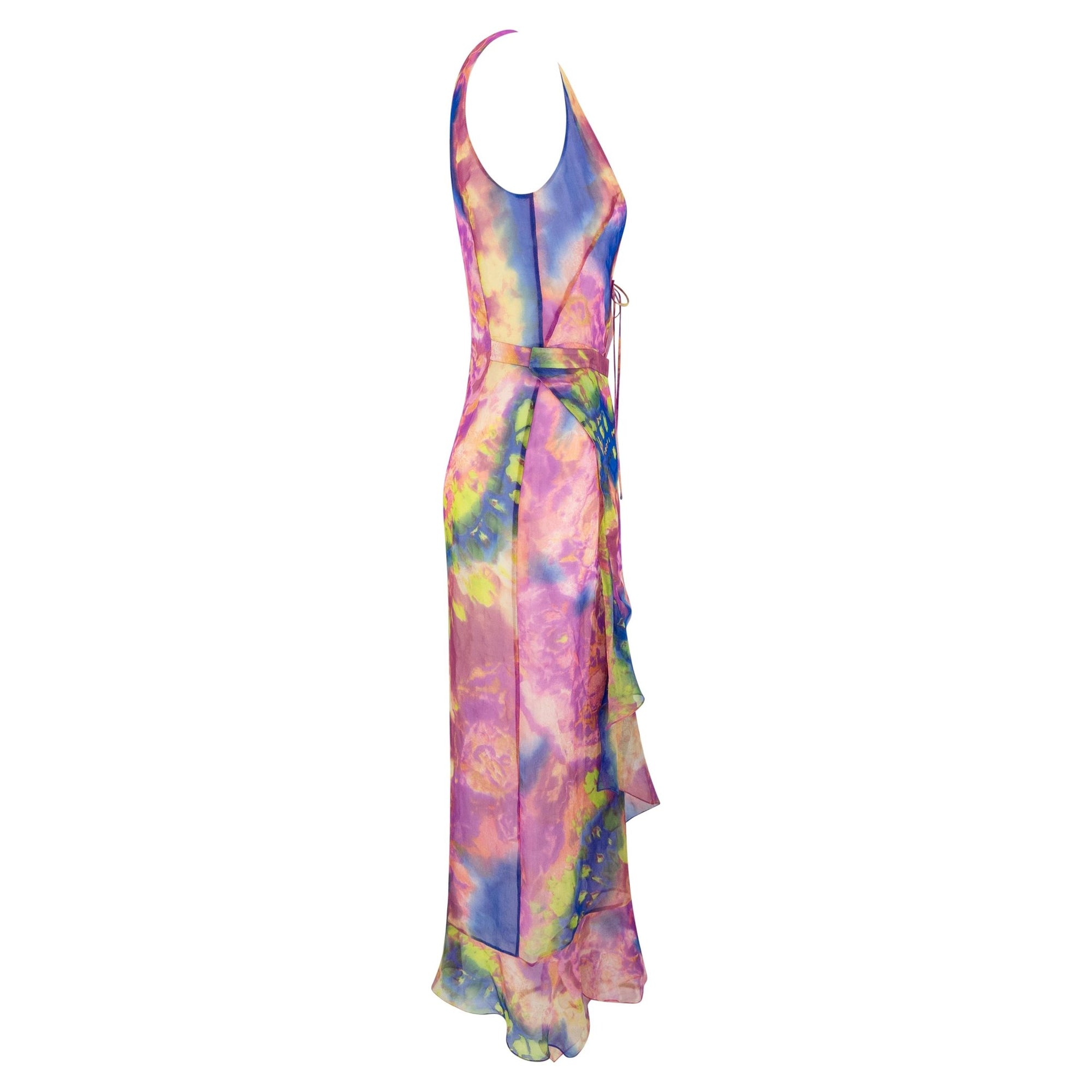 S/S 2000 Christian Lacroix Runway Prototype Sheer Pink Tie Dye Plunging Dress - RealList