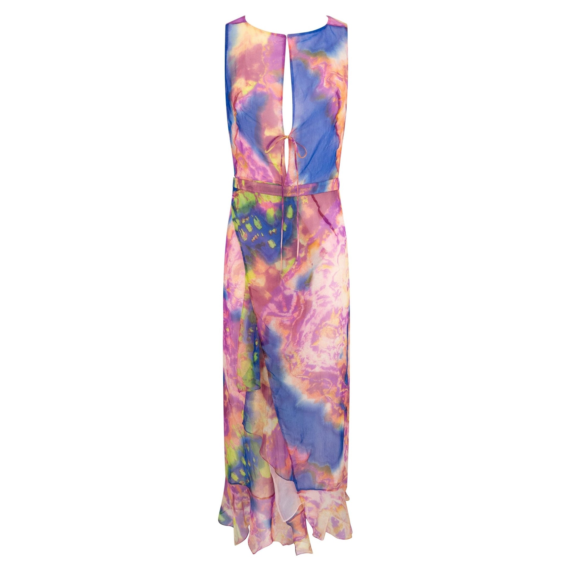 S/S 2000 Christian Lacroix Runway Prototype Sheer Pink Tie Dye Plunging Dress - RealList