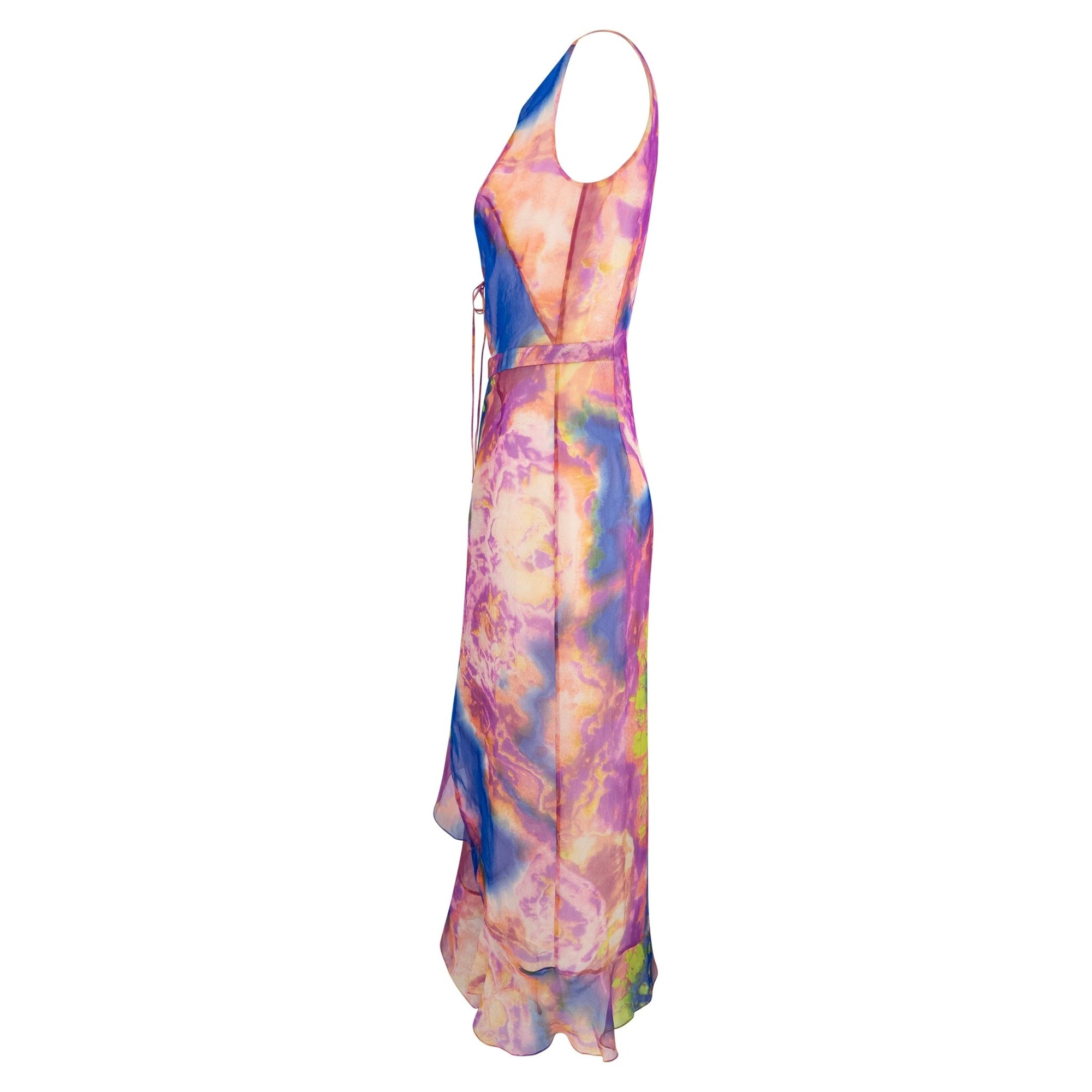 S/S 2000 Christian Lacroix Runway Prototype Sheer Pink Tie Dye Plunging Dress - RealList