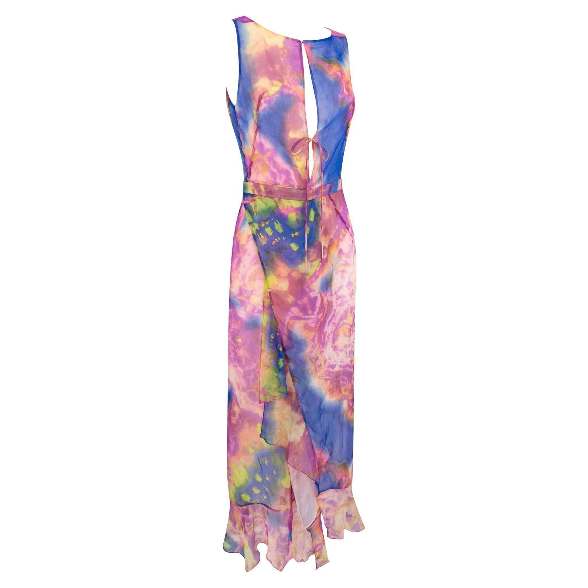 S/S 2000 Christian Lacroix Runway Prototype Sheer Pink Tie Dye Plunging Dress - RealList