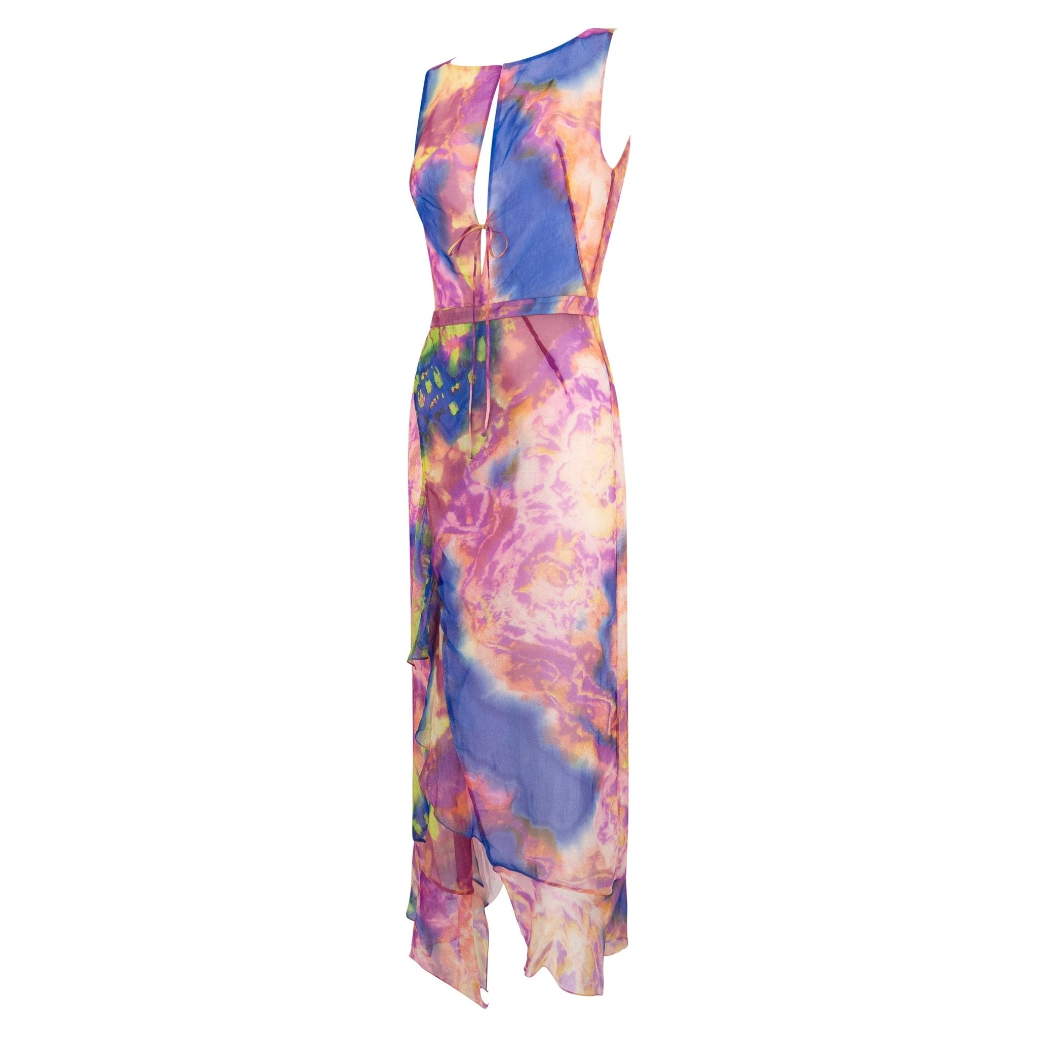 S/S 2000 Christian Lacroix Runway Prototype Sheer Pink Tie Dye Plunging Dress - RealList
