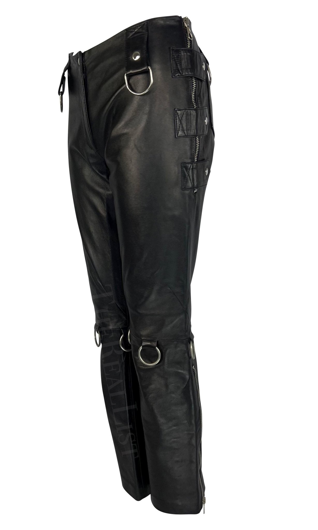 S/S 2000 Dolce & Gabbana Aaliyah Runway Black Leather Zipper Ring Moto Pants - RealList