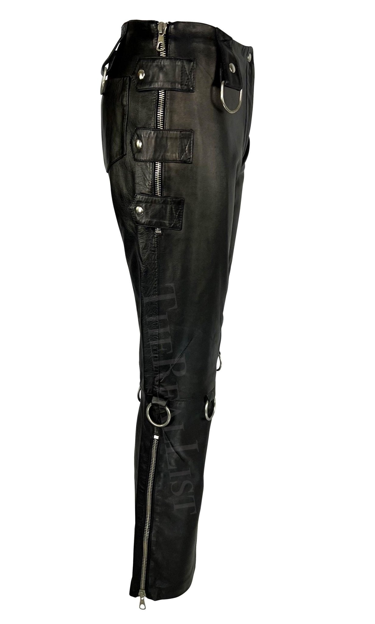 S/S 2000 Dolce & Gabbana Aaliyah Runway Black Leather Zipper Ring Moto Pants - RealList