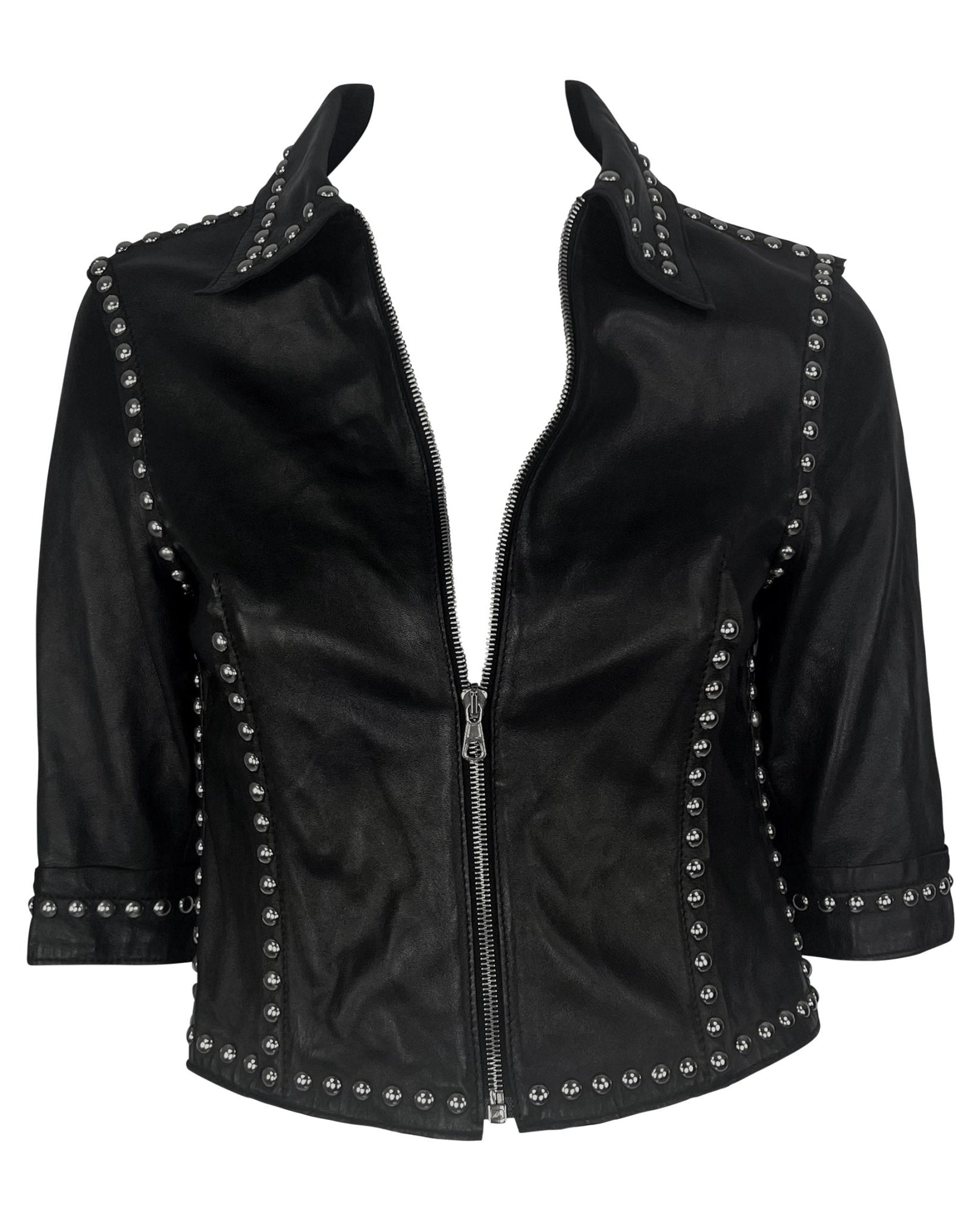 S/S 2000 Dolce & Gabbana Ad Studded Black Leather Cropped Zip Mini Moto Jacket - RealList
