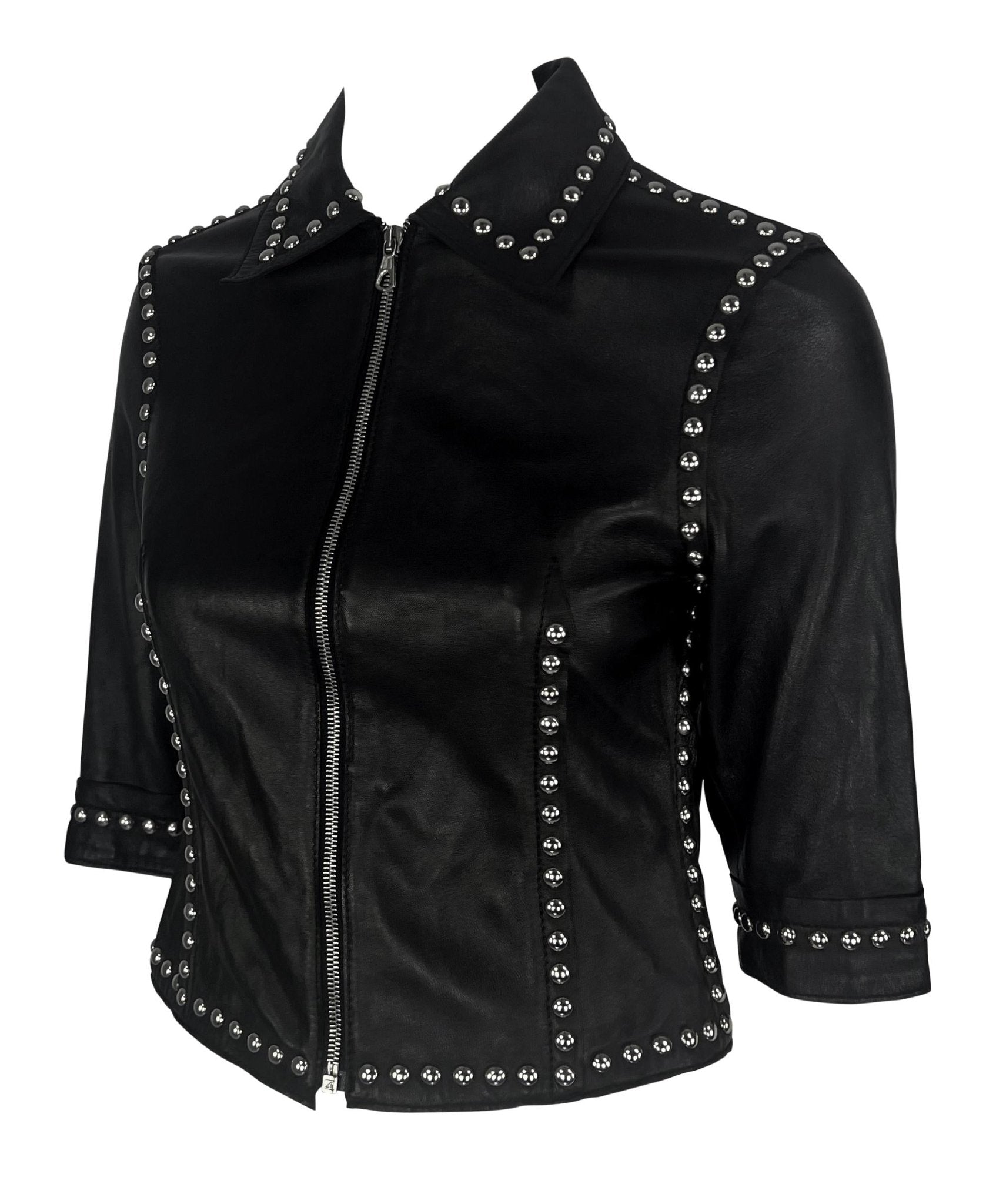 S/S 2000 Dolce & Gabbana Ad Studded Black Leather Cropped Zip Mini Moto Jacket - RealList