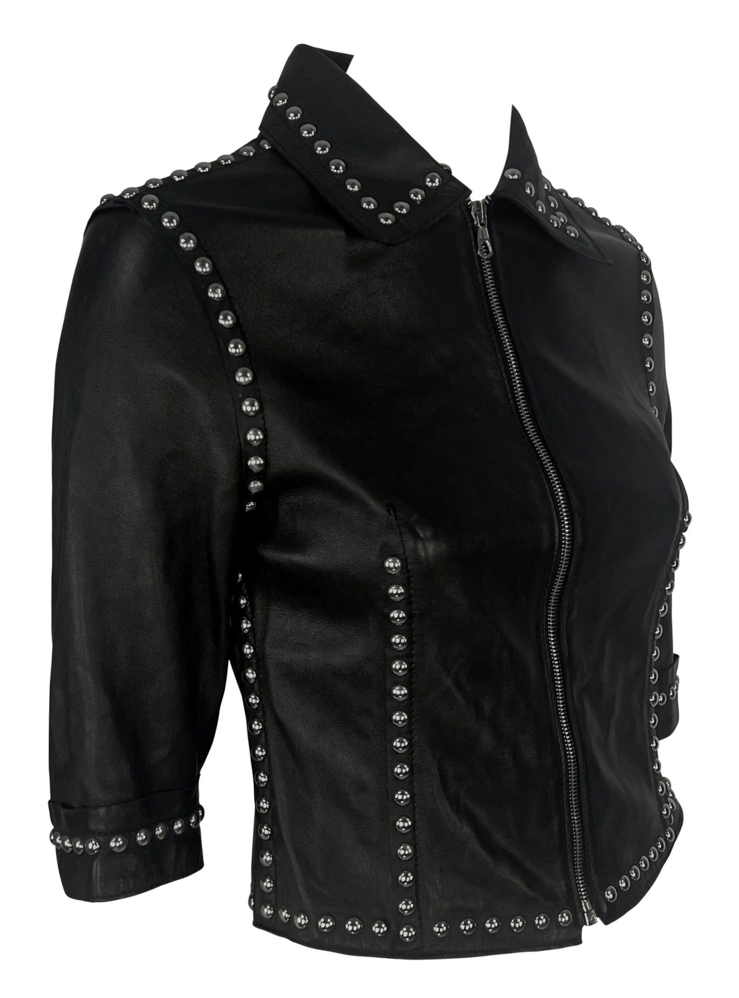 S/S 2000 Dolce & Gabbana Ad Studded Black Leather Cropped Zip Mini Moto Jacket - RealList