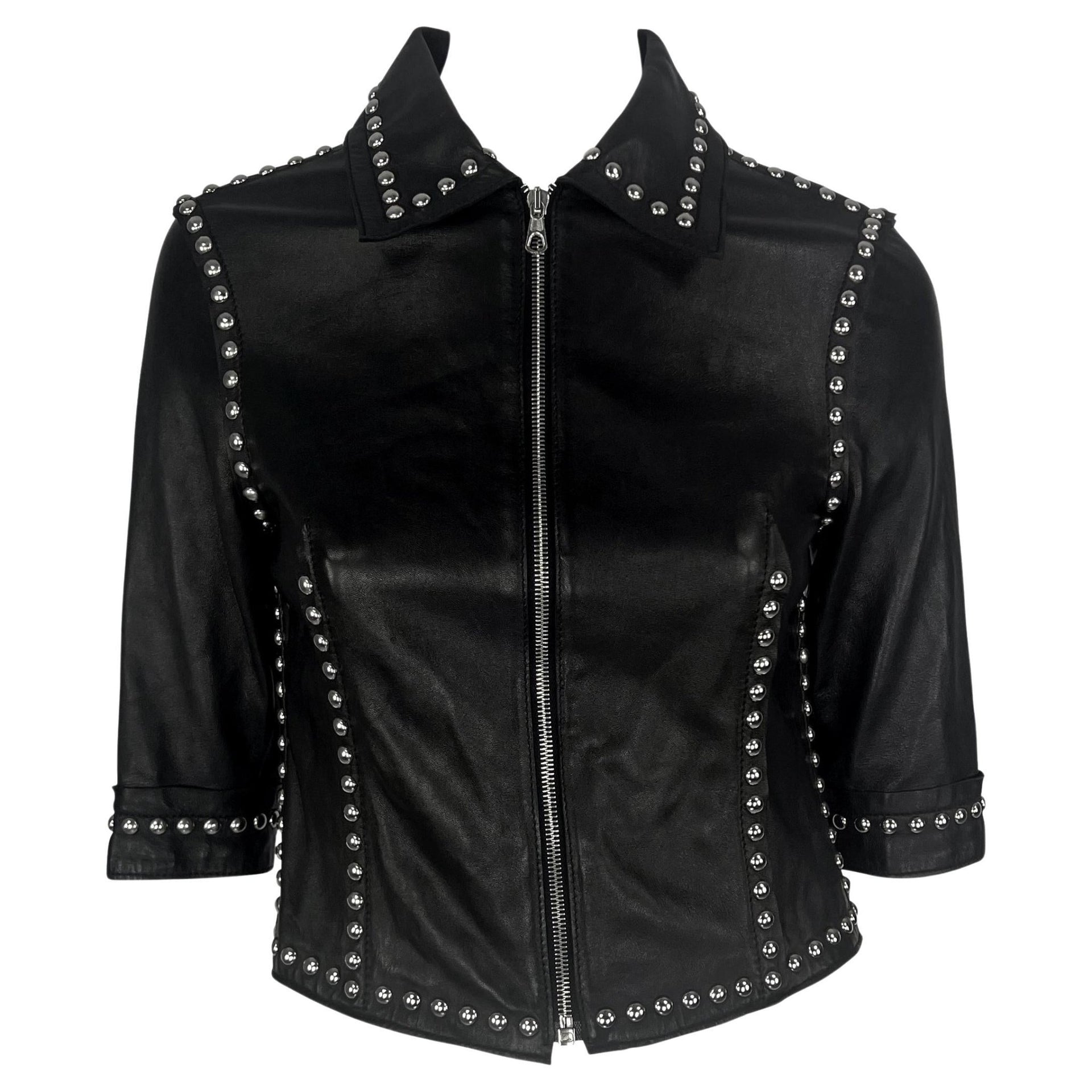S/S 2000 Dolce & Gabbana Ad Studded Black Leather Cropped Zip Mini Moto Jacket - RealList