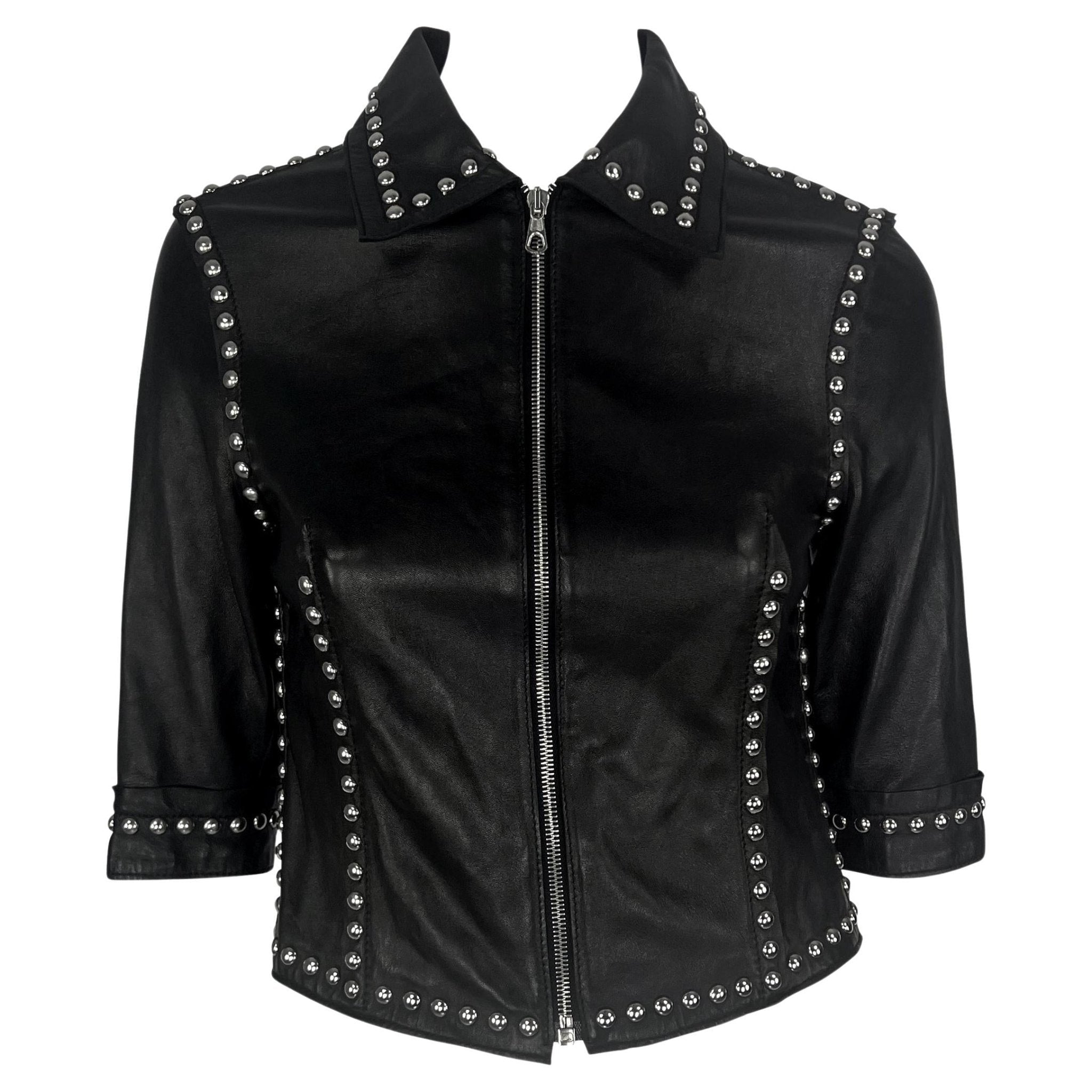 S/S 2000 Dolce & Gabbana Ad Studded Black Leather Cropped Zip Mini Moto Jacket - RealList