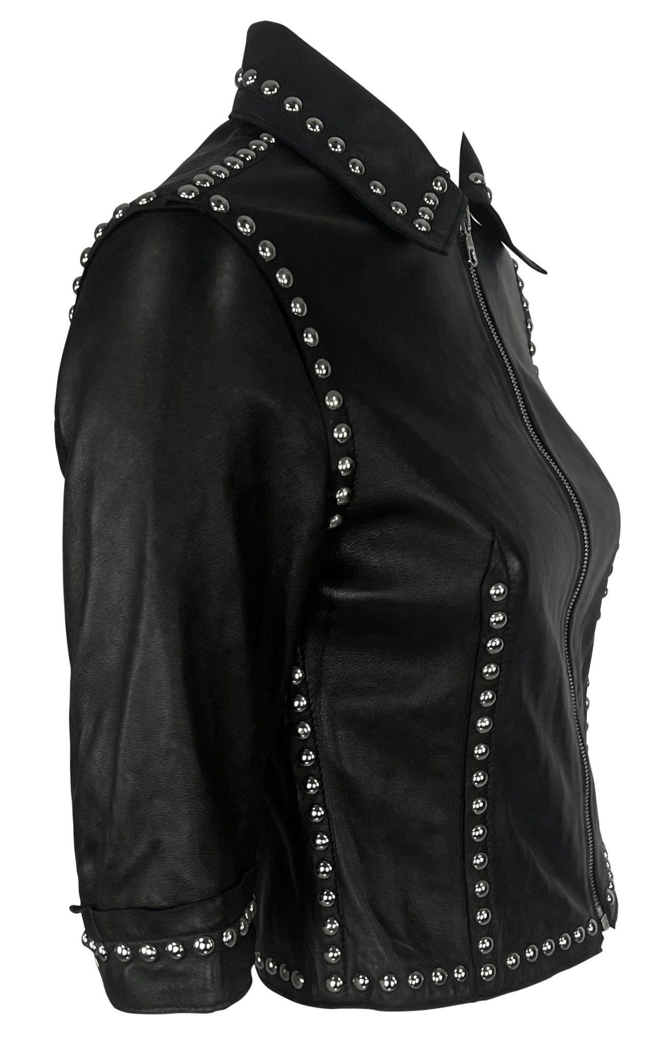 S/S 2000 Dolce & Gabbana Ad Studded Black Leather Cropped Zip Mini Moto Jacket - RealList