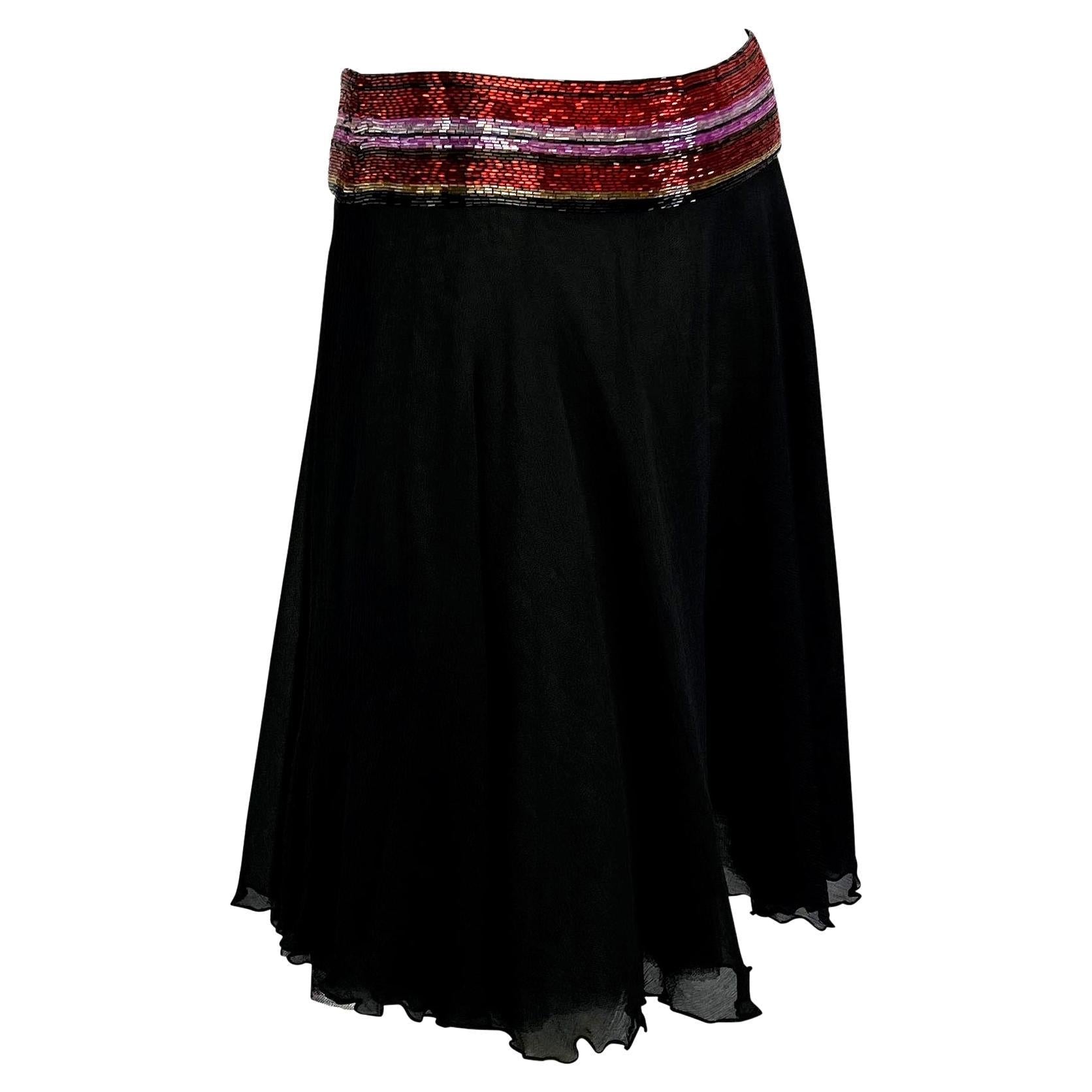 S/S 2000 Dolce & Gabbana Beaded Black Silk Chiffon Red Stripe Waistband Skirt - RealList