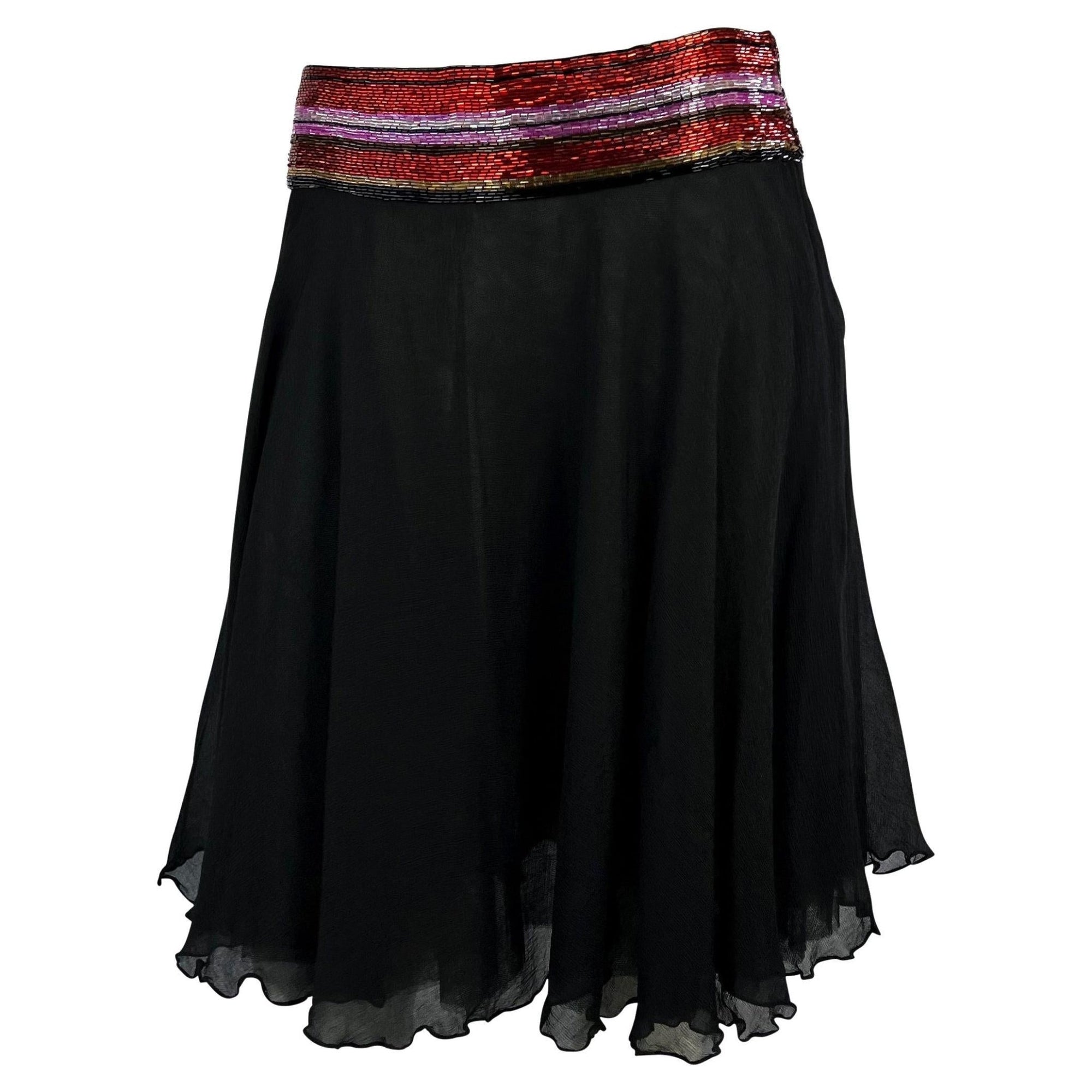 S/S 2000 Dolce & Gabbana Beaded Black Silk Chiffon Red Stripe Waistband Skirt - RealList