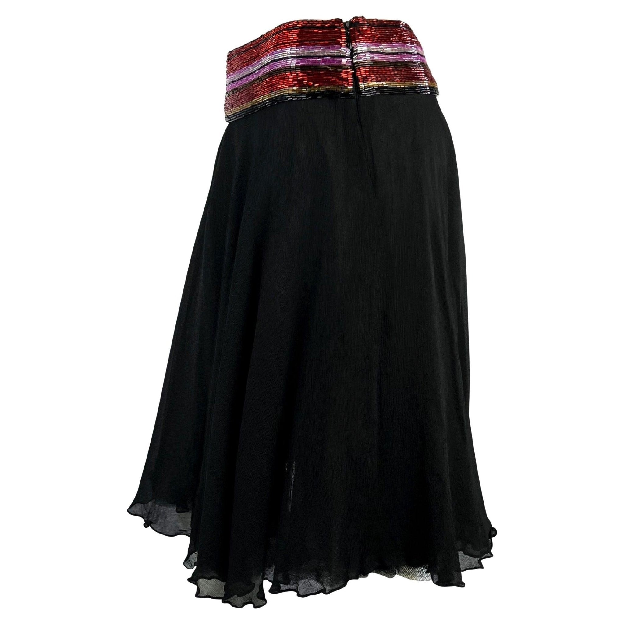 S/S 2000 Dolce & Gabbana Beaded Black Silk Chiffon Red Stripe Waistband Skirt - RealList