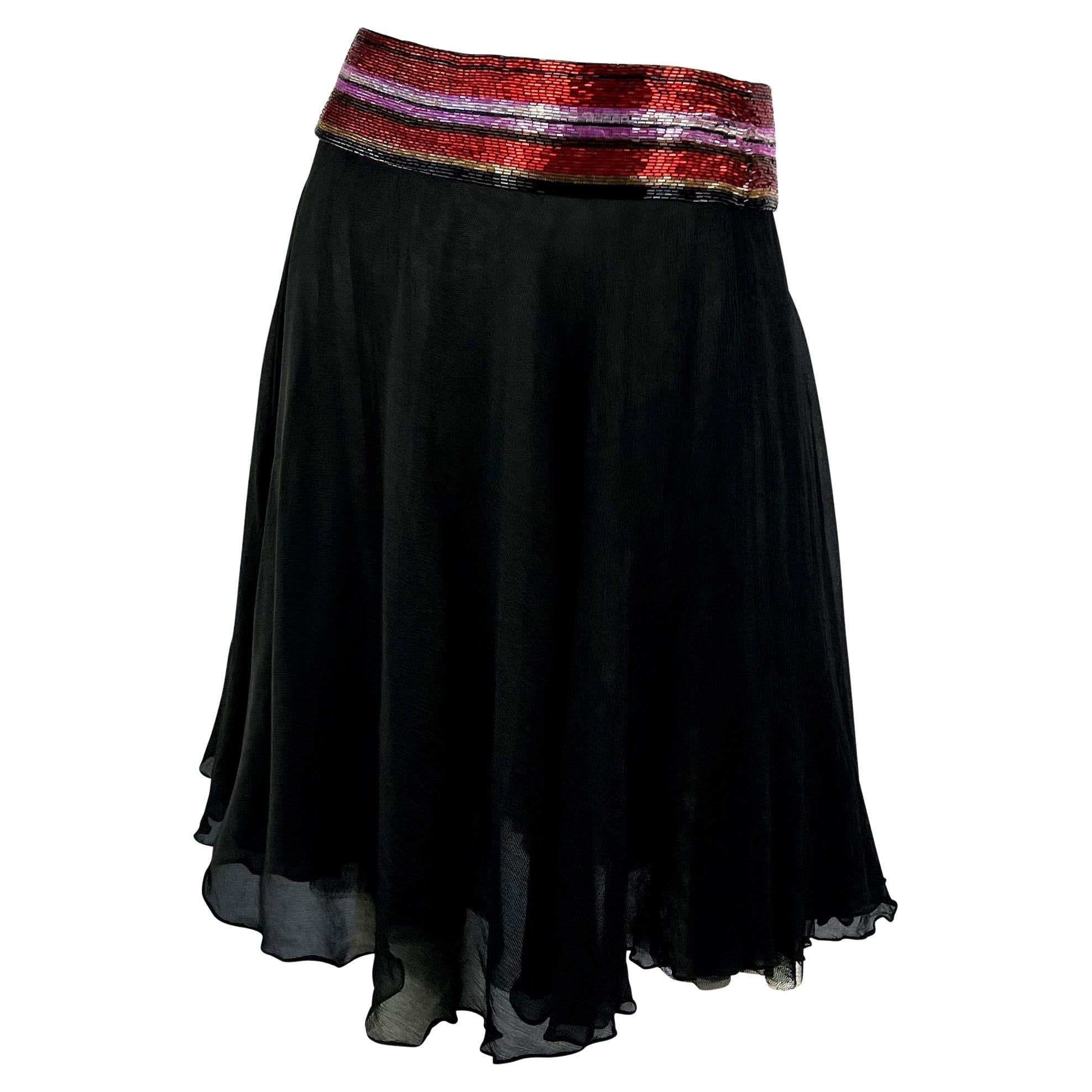 S/S 2000 Dolce & Gabbana Beaded Black Silk Chiffon Red Stripe Waistband Skirt - RealList