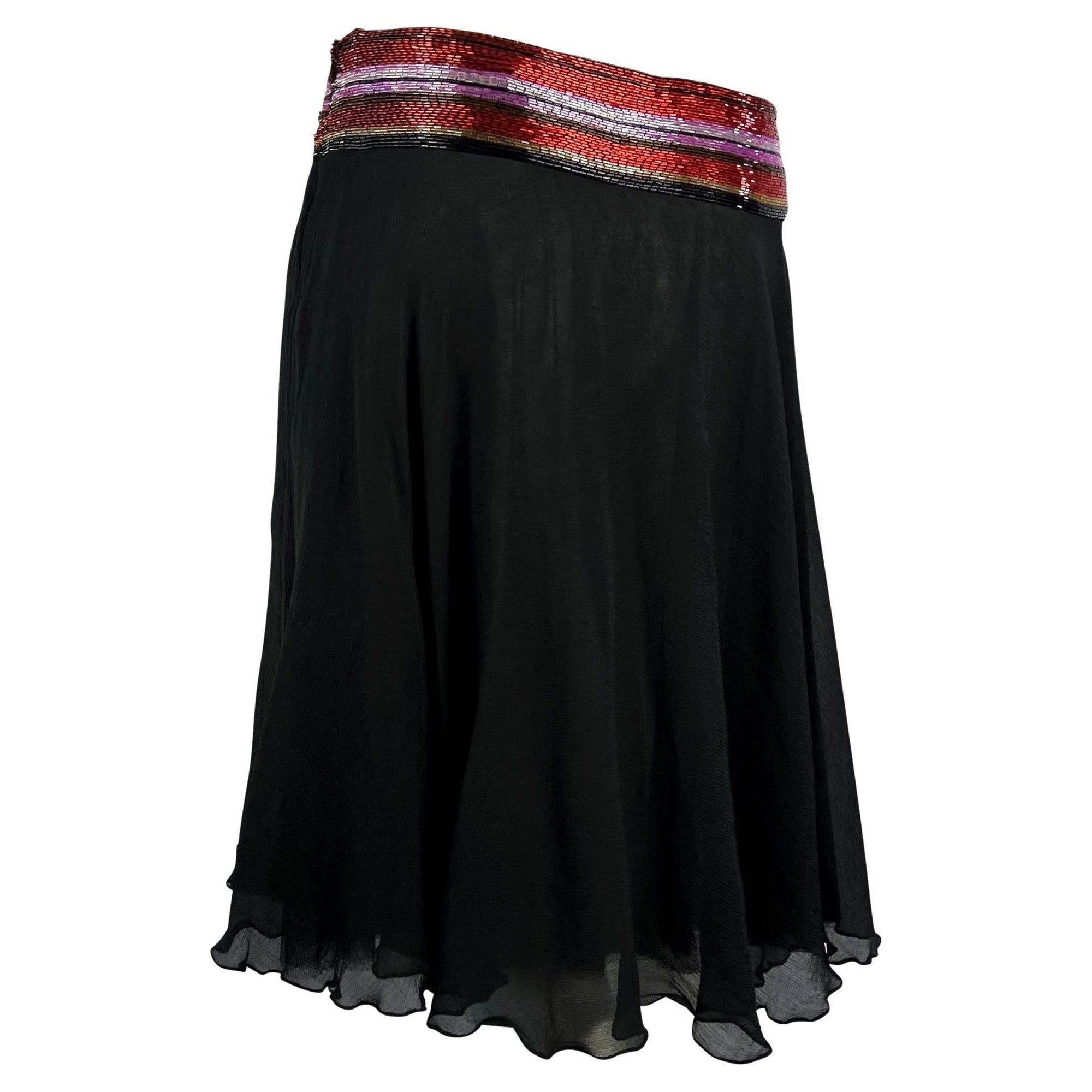 S/S 2000 Dolce & Gabbana Beaded Black Silk Chiffon Red Stripe Waistband Skirt - RealList