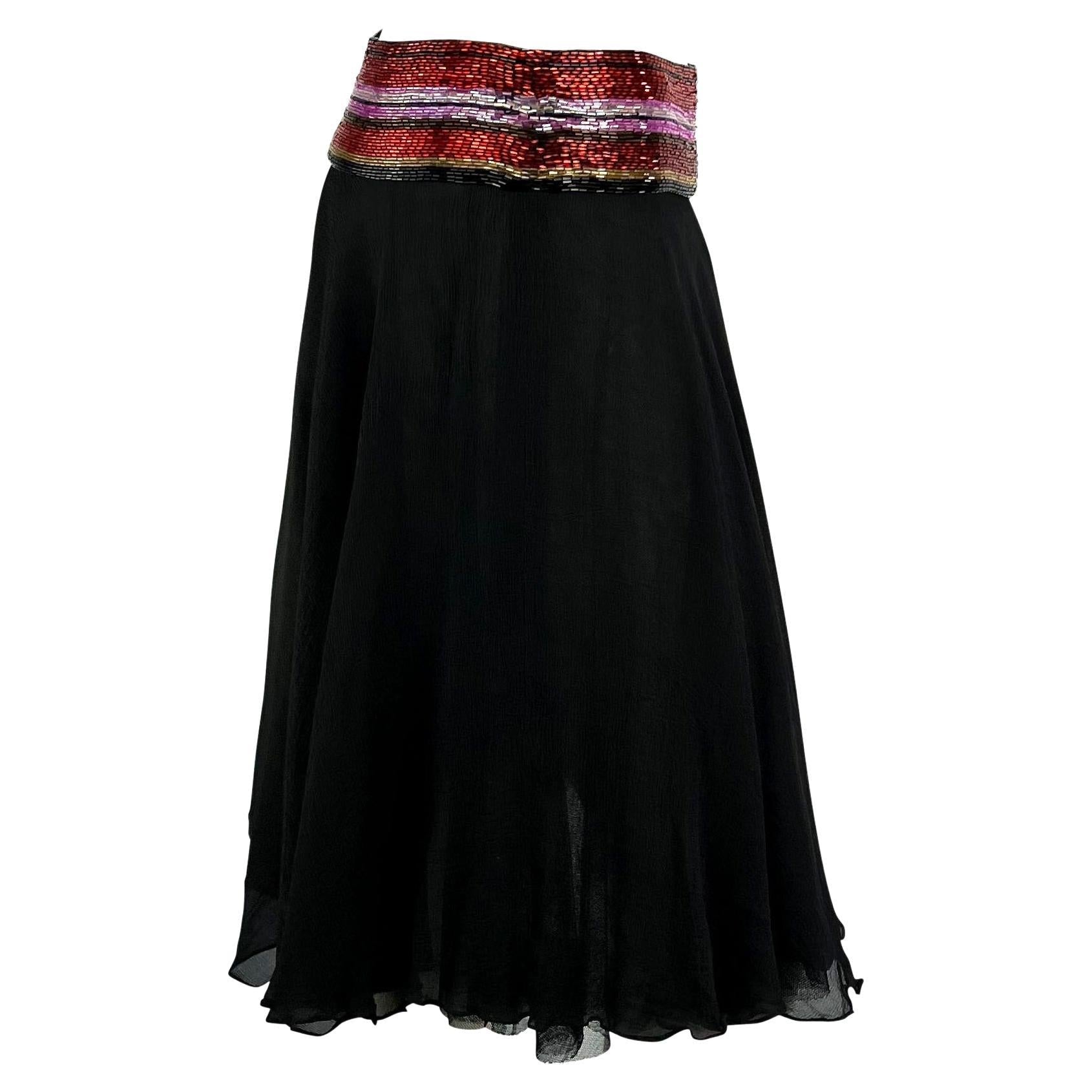 S/S 2000 Dolce & Gabbana Beaded Black Silk Chiffon Red Stripe Waistband Skirt - RealList