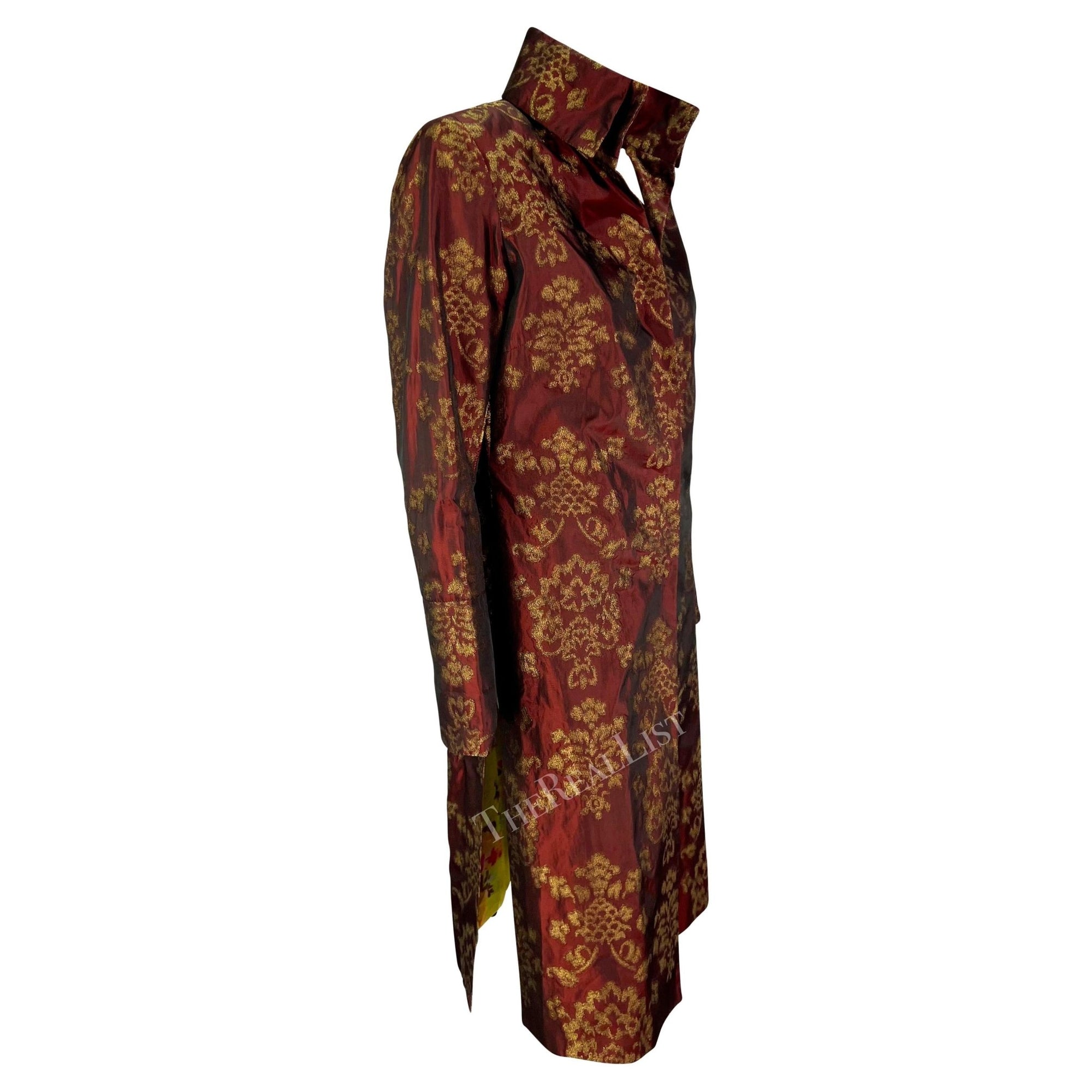 S/S 2000 Dolce & Gabbana Burgundy Satin Gold Jacquard Woven Long Coat - RealList