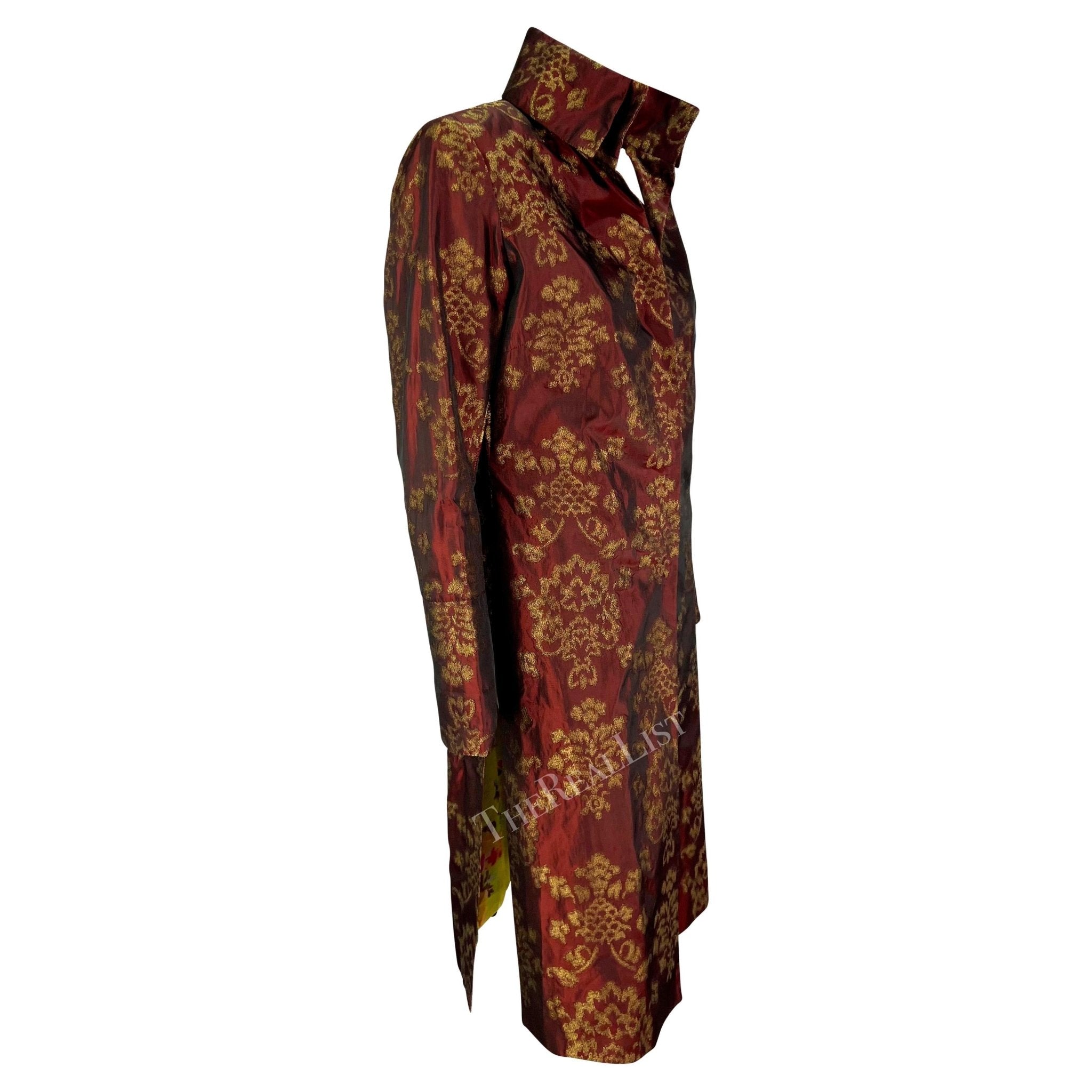 S/S 2000 Dolce & Gabbana Burgundy Satin Gold Jacquard Woven Long Coat - RealList