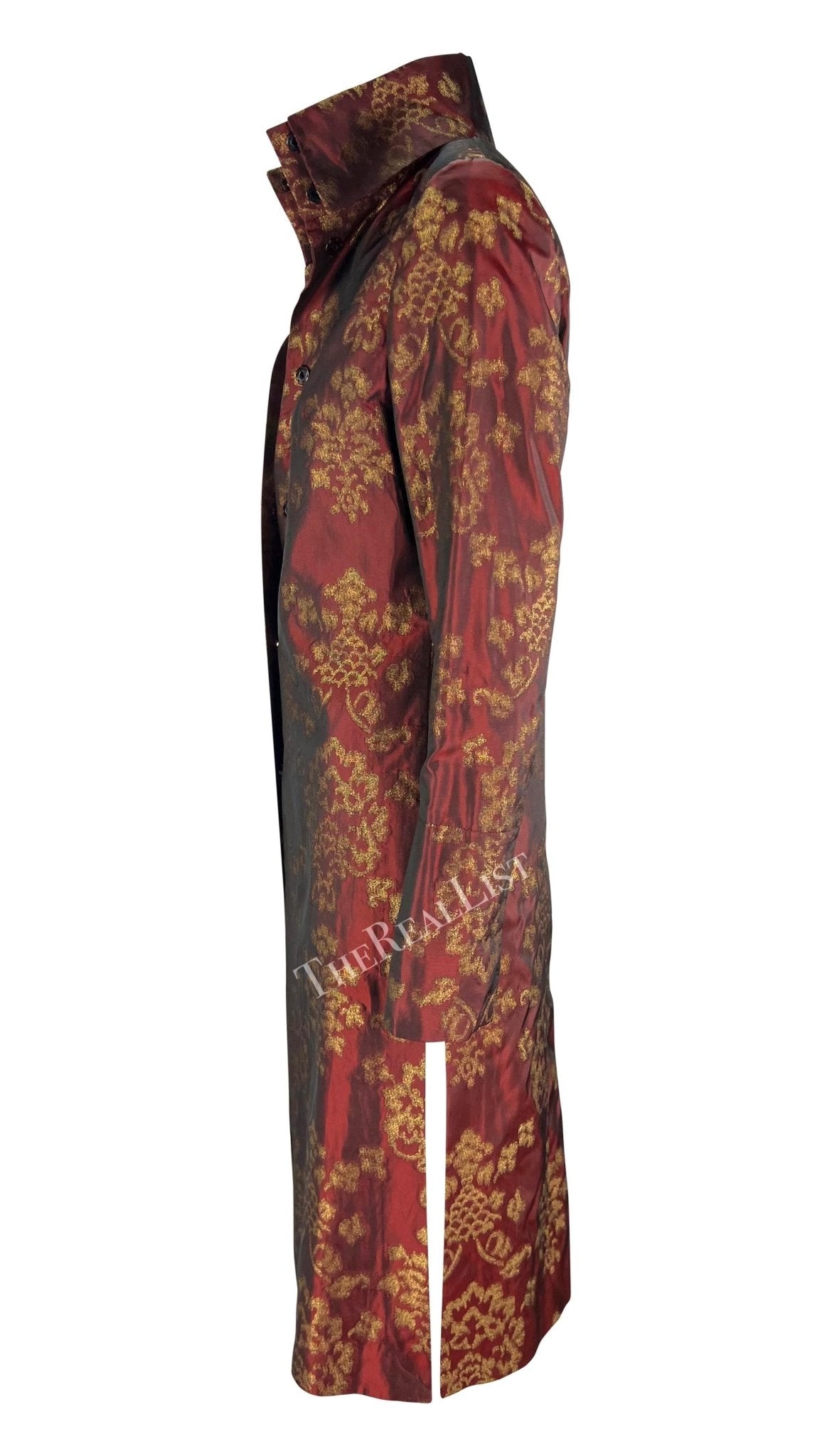 S/S 2000 Dolce & Gabbana Burgundy Satin Gold Jacquard Woven Long Coat - RealList