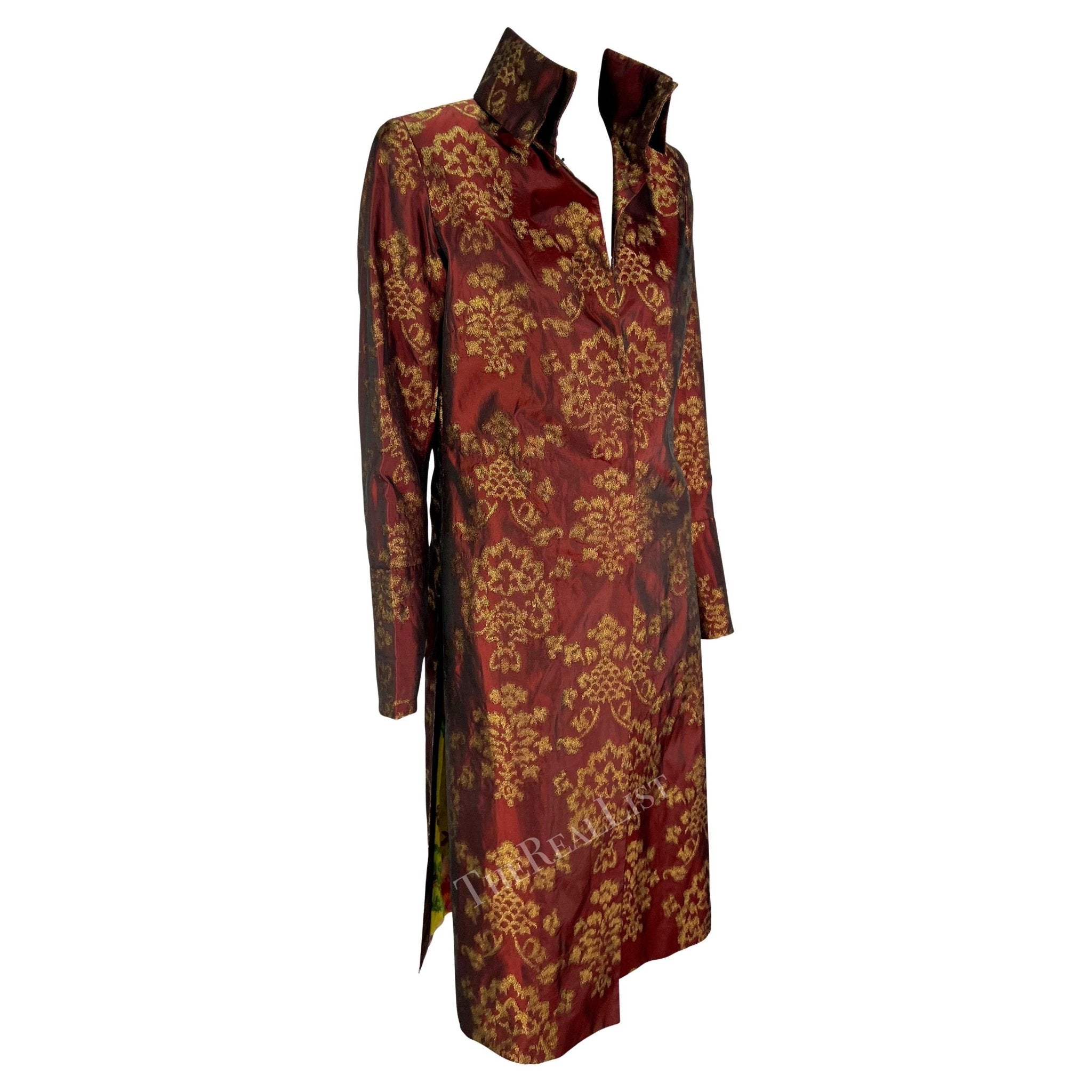 S/S 2000 Dolce & Gabbana Burgundy Satin Gold Jacquard Woven Long Coat - RealList