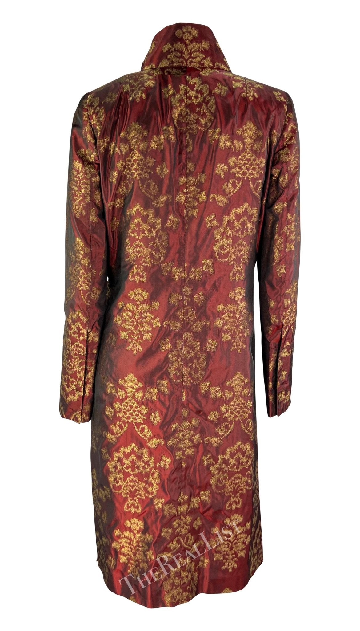 S/S 2000 Dolce & Gabbana Burgundy Satin Gold Jacquard Woven Long Coat - RealList
