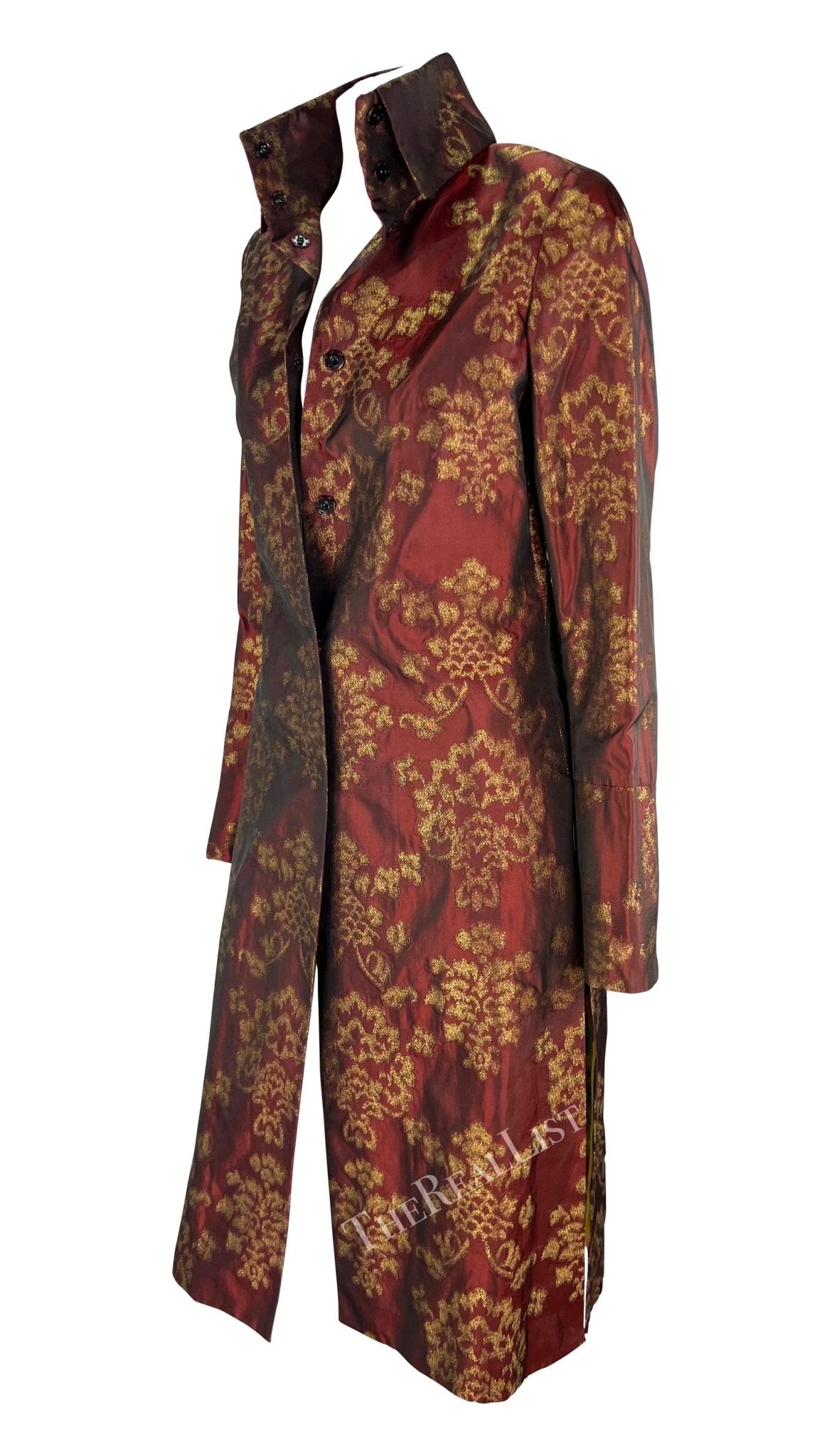 S/S 2000 Dolce & Gabbana Burgundy Satin Gold Jacquard Woven Long Coat - RealList