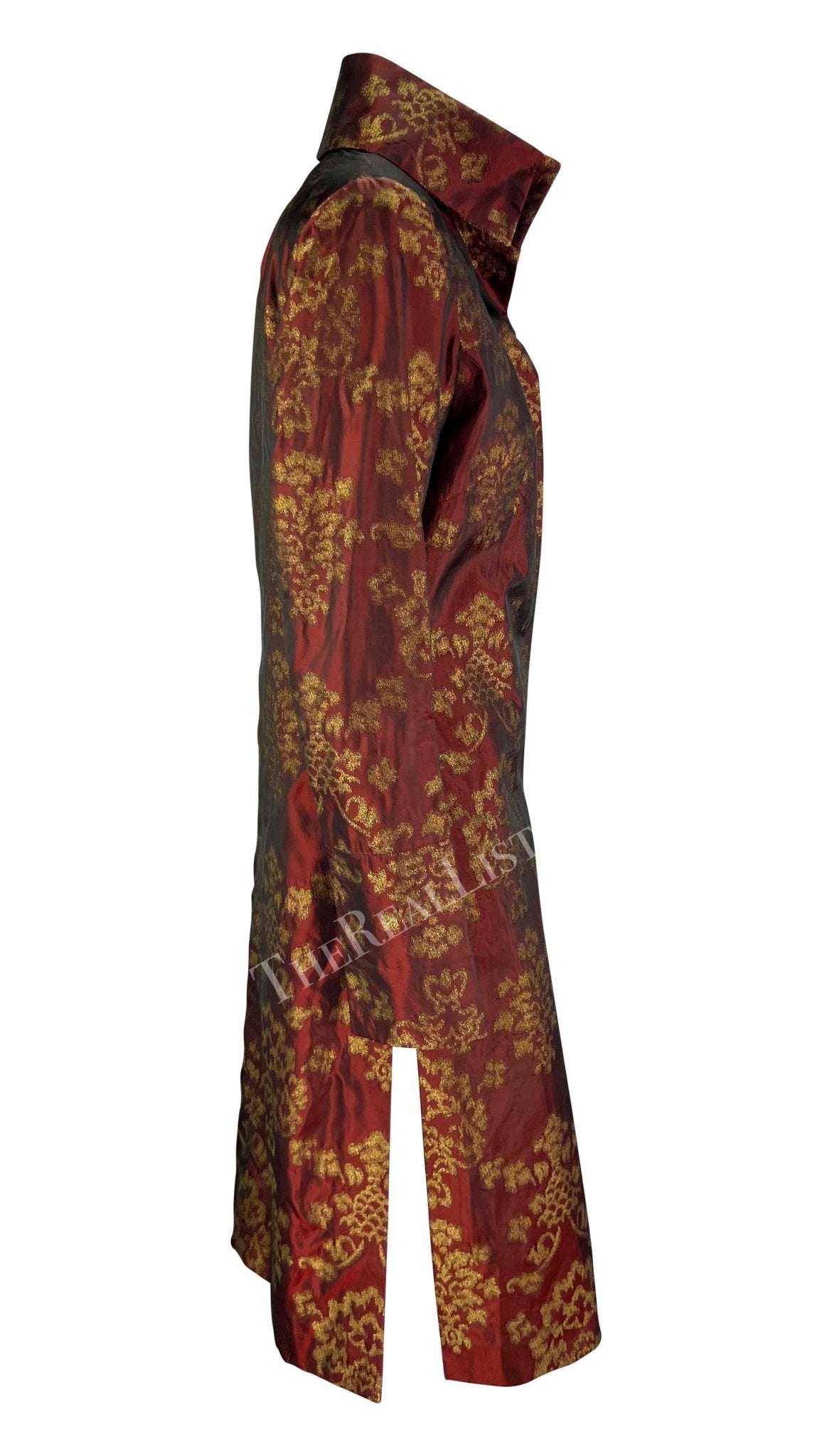 S/S 2000 Dolce & Gabbana Burgundy Satin Gold Jacquard Woven Long Coat - RealList