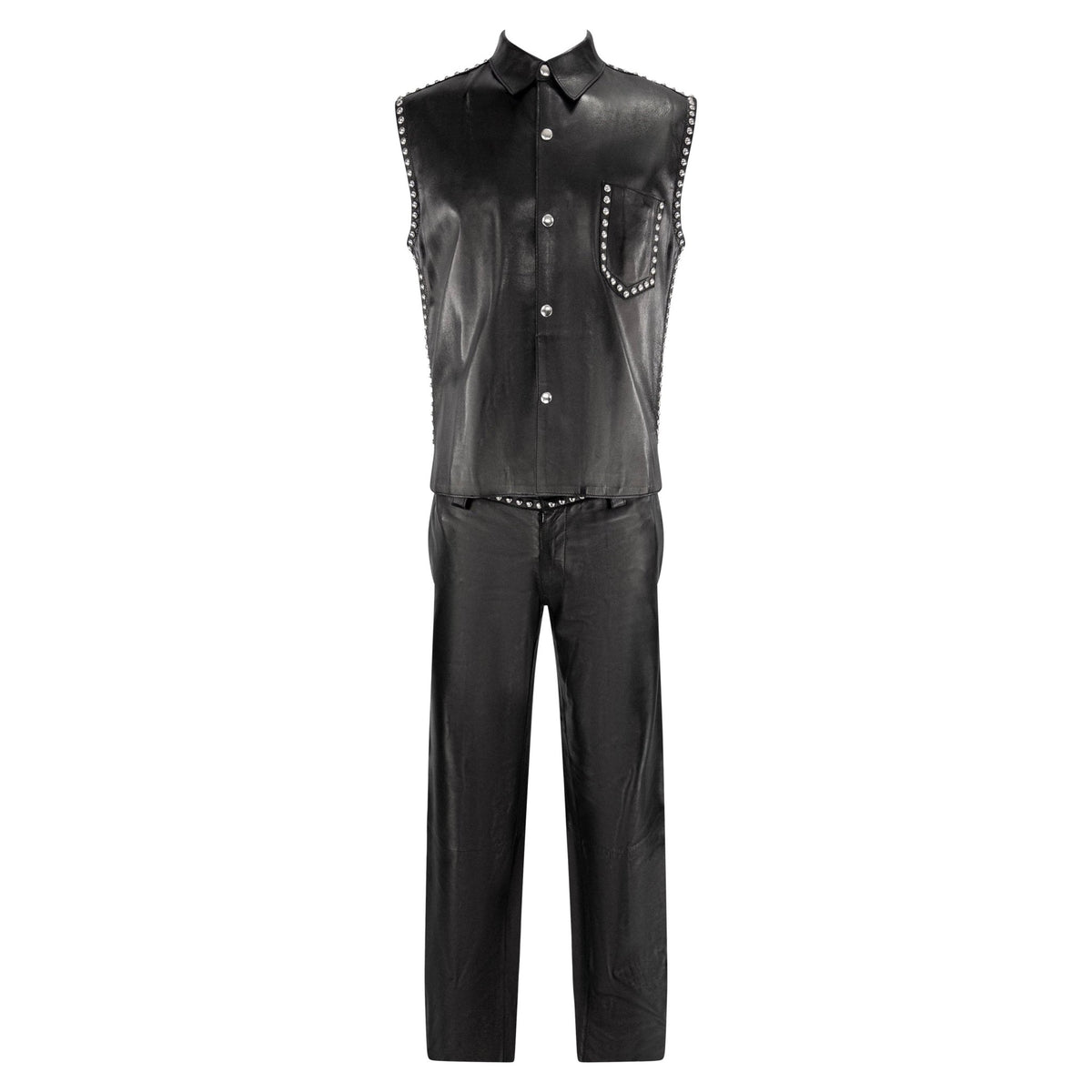 S/S 2000 Dolce & Gabbana Mens Black Leather Studded Vest Pants Set - RealList