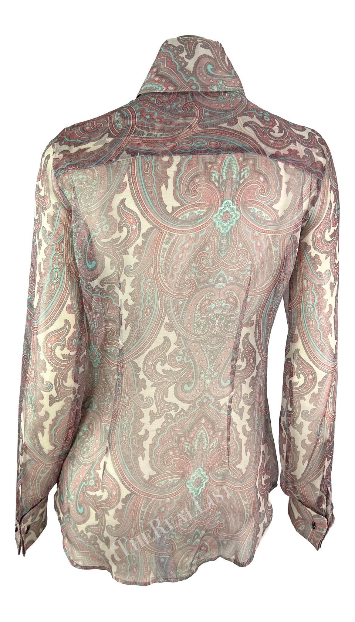 S/S 2000 Dolce & Gabbana Pink Paisley Sheer Button Rhinestone Cuff Shirt - RealList
