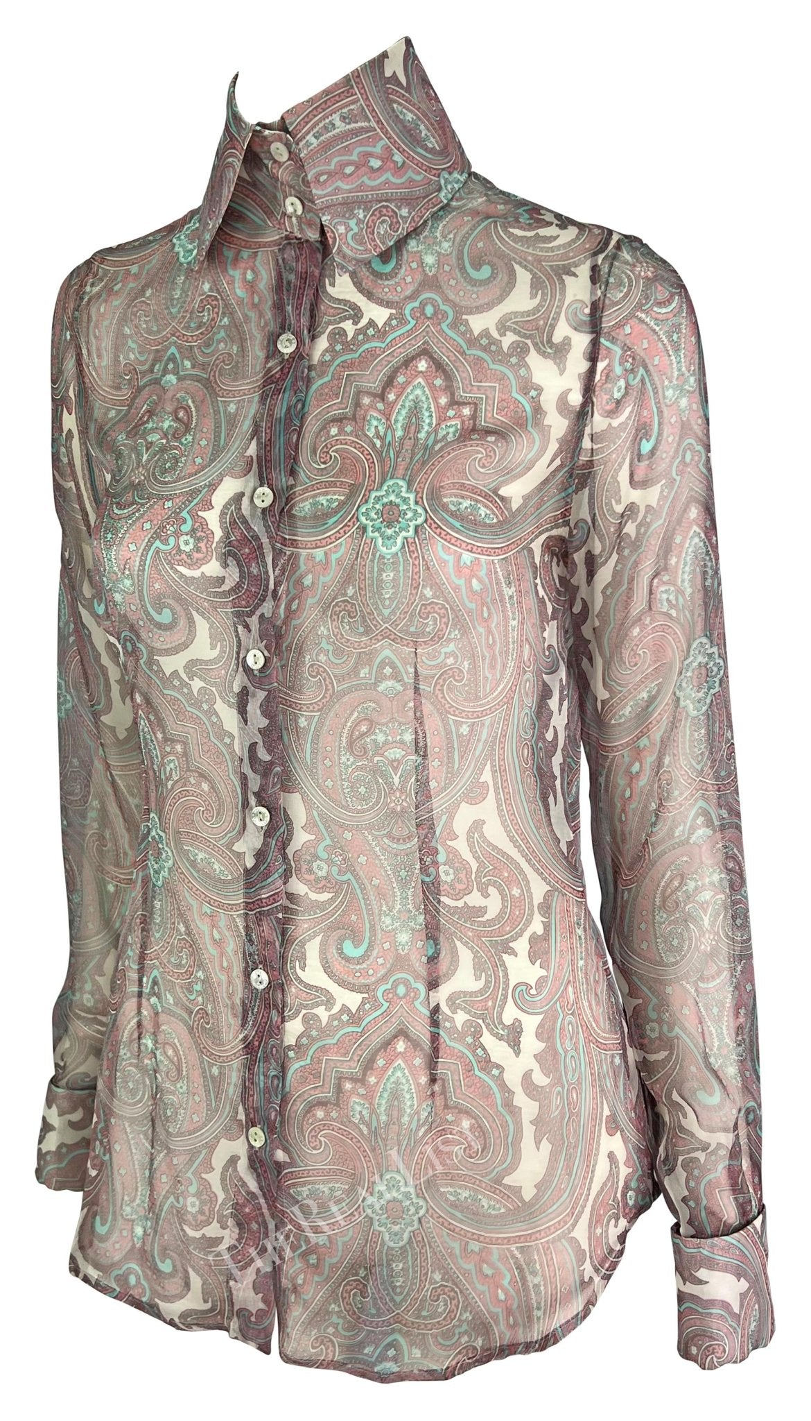 S/S 2000 Dolce & Gabbana Pink Paisley Sheer Button Rhinestone Cuff Shirt - RealList