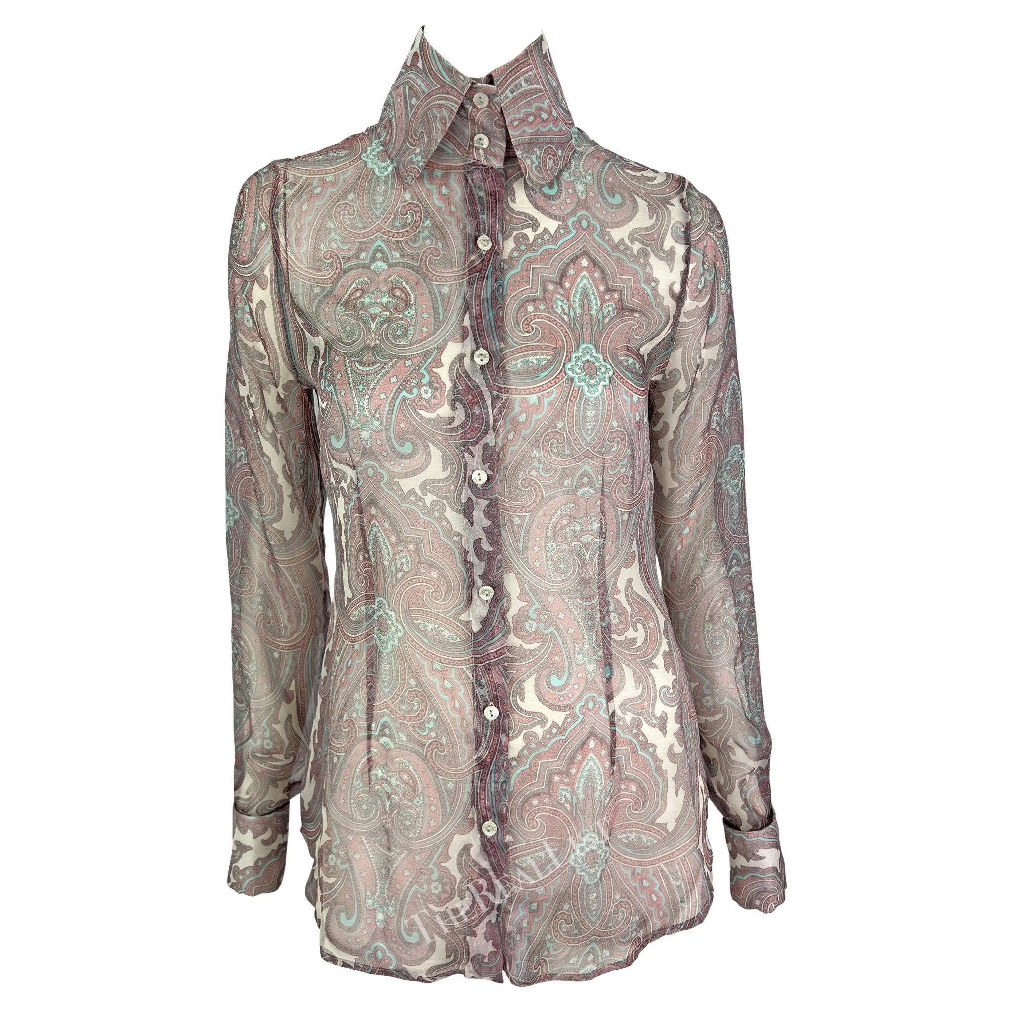 S/S 2000 Dolce & Gabbana Pink Paisley Sheer Button Rhinestone Cuff Shirt - RealList